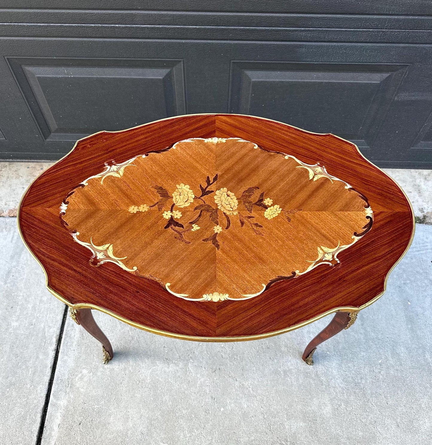 Antique 1920's Louis XV Ormolu Marquetry Spanish Tiger Maple Coffee Table