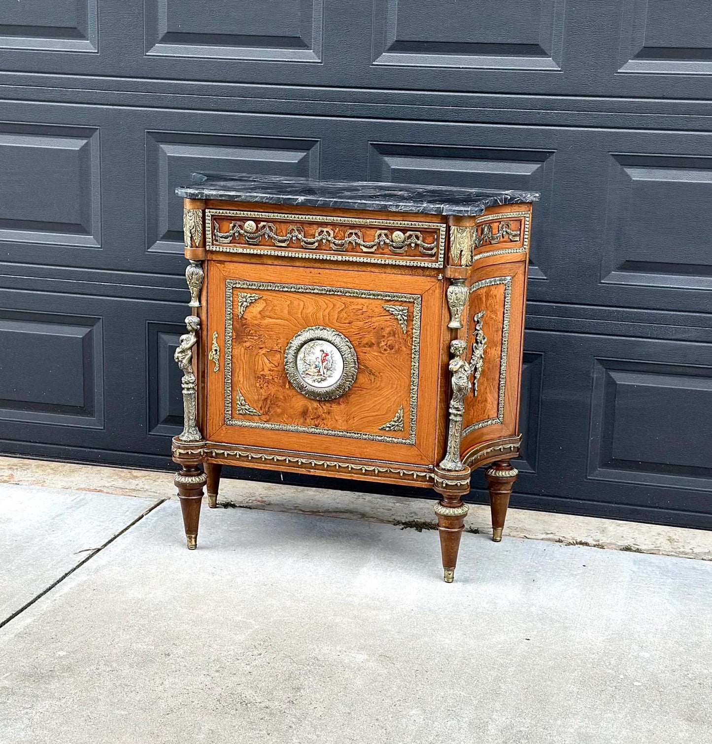 Antique 1880's French Louis XVI Marble Top Cabinet with Hand Painted Porcelain Plaque & Ormolu Mounts