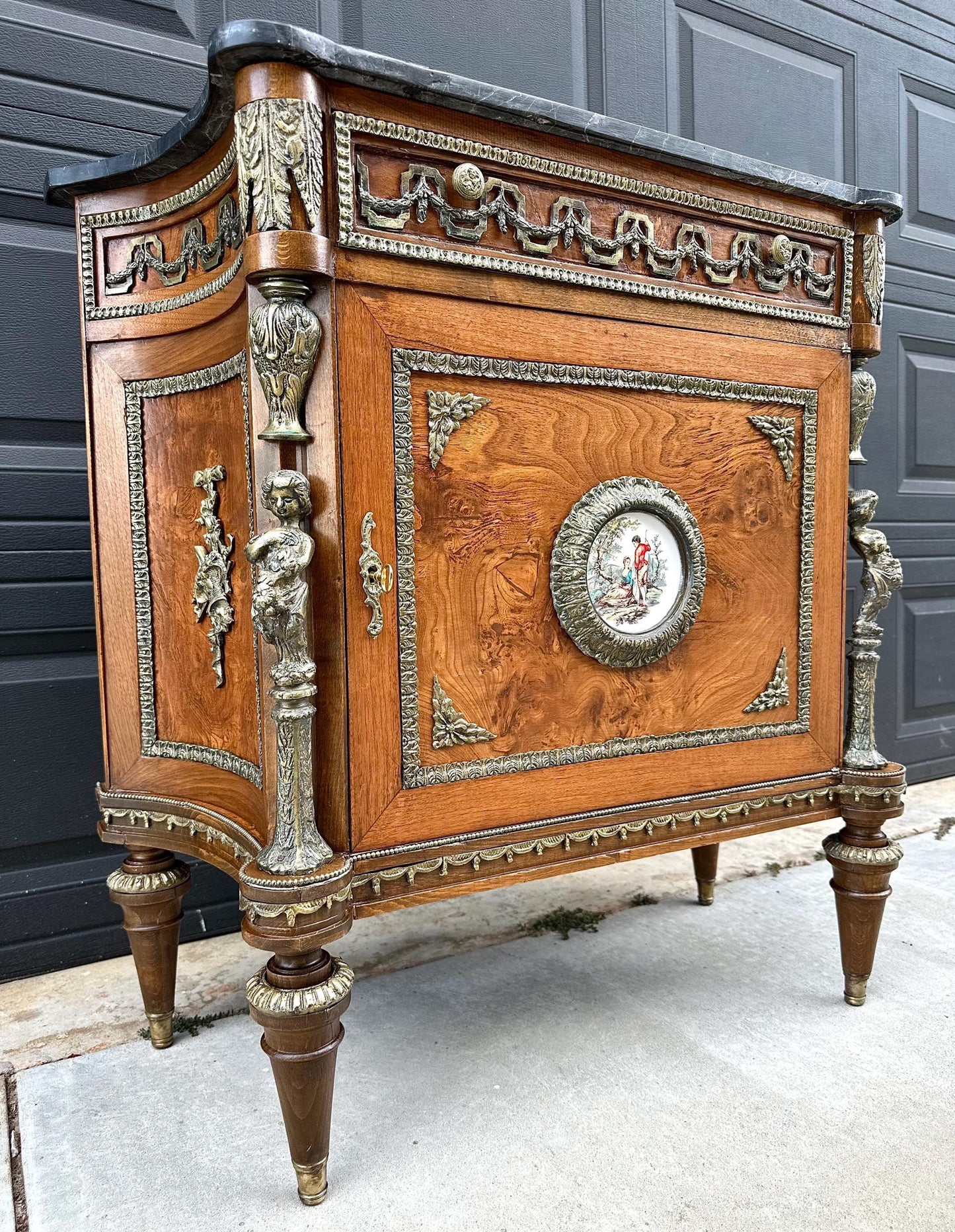 Antique 1880's French Louis XVI Marble Top Cabinet with Hand Painted Porcelain Plaque & Ormolu Mounts