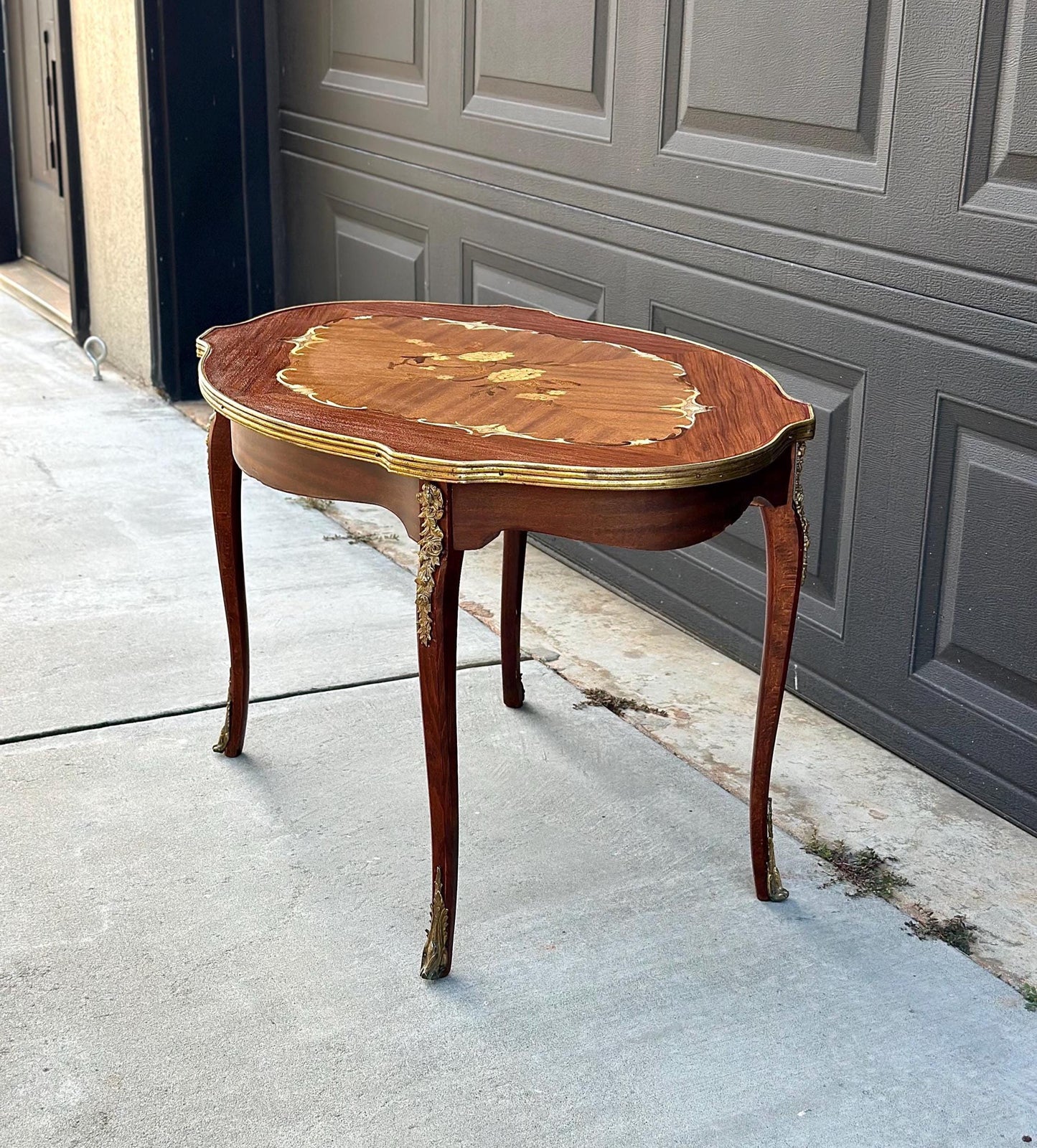 Antique 1920's Louis XV Ormolu Marquetry Spanish Tiger Maple Coffee Table