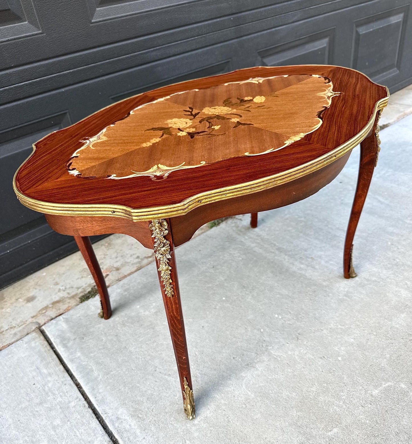 Antique 1920's Louis XV Ormolu Marquetry Spanish Tiger Maple Coffee Table