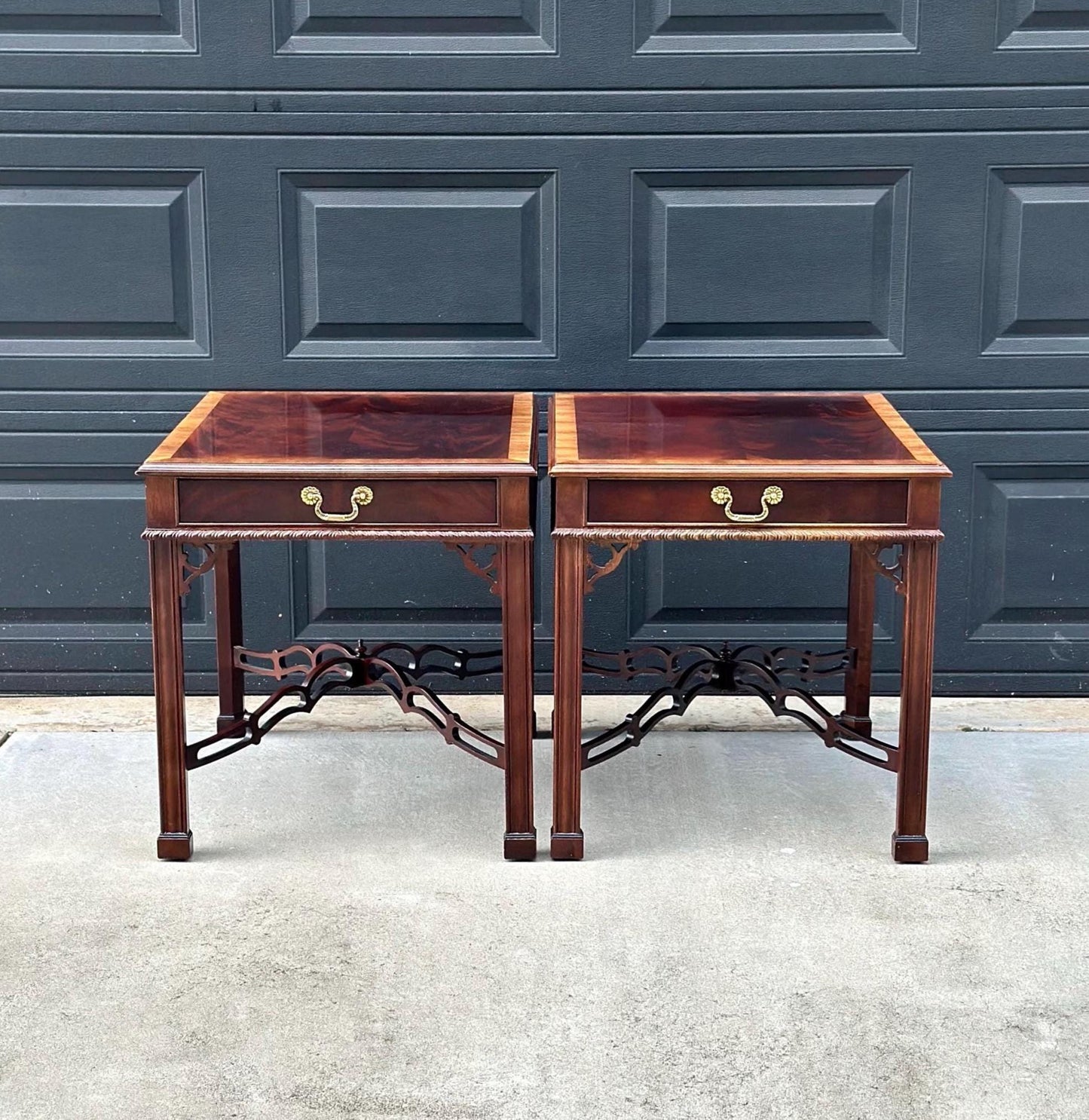 Vintage 1970's Banded Flame Mahogany Chippendale Side Tables by Drexel - a Pair
