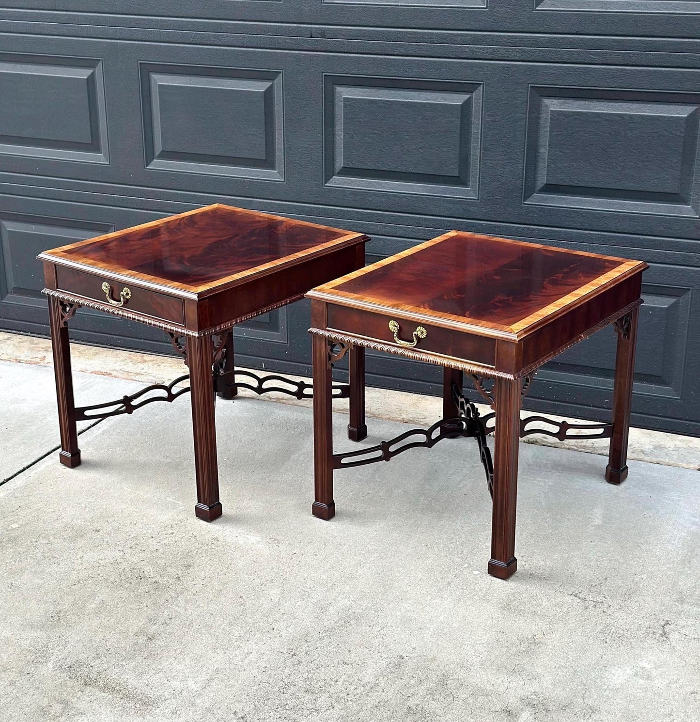 Vintage 1970's Banded Flame Mahogany Chippendale Side Tables by Drexel - a Pair