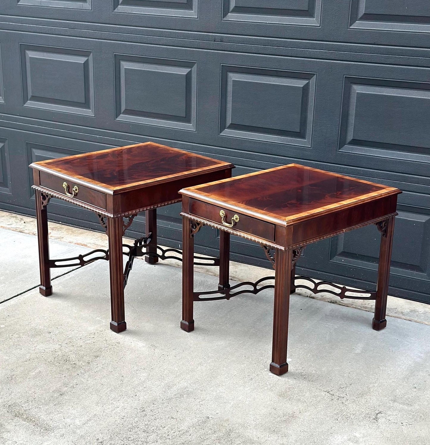Vintage 1970's Banded Flame Mahogany Chippendale Side Tables by Drexel - a Pair