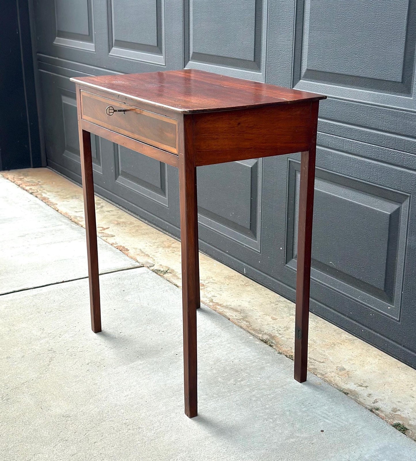 Antique 1870’s Solid Mahogany Wood Banded Drawer Accent Table