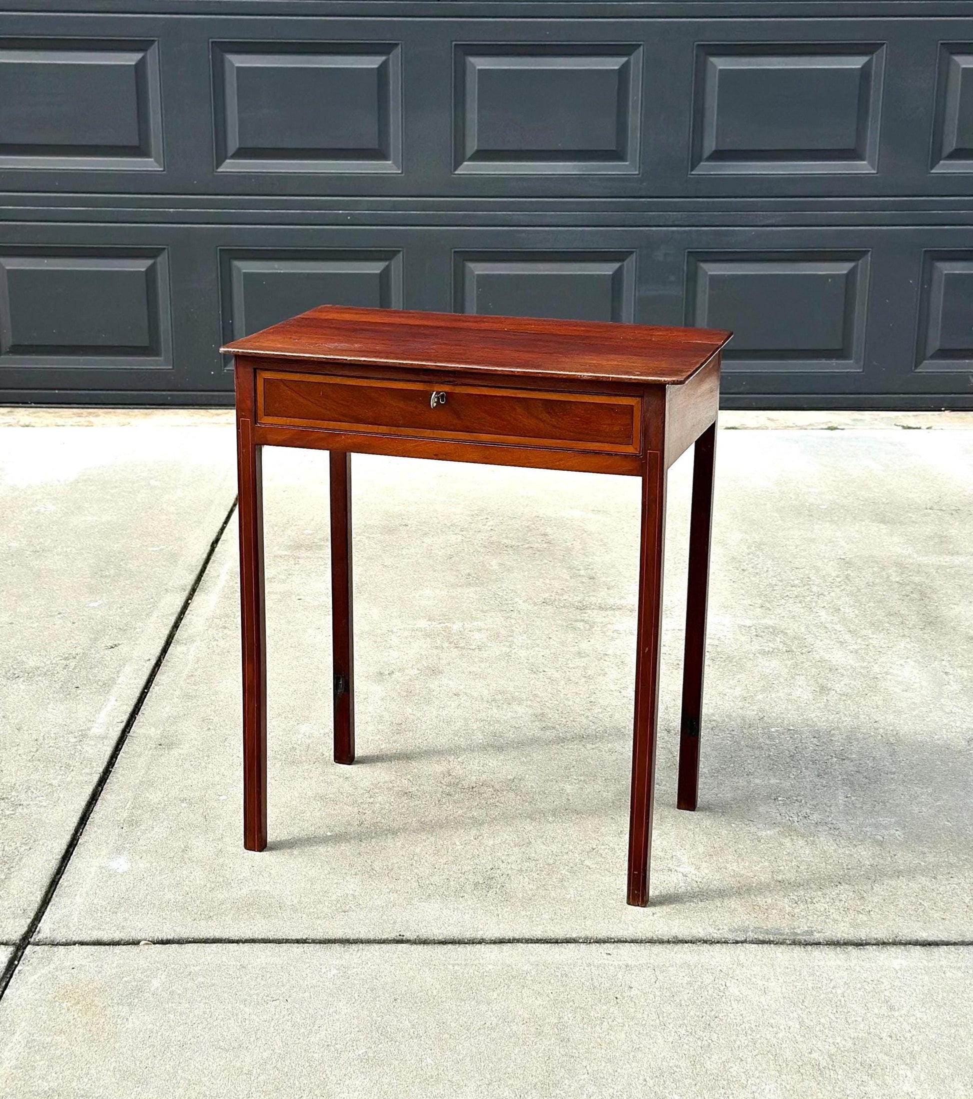 Antique 1870’s Solid Mahogany Wood Banded Drawer Accent Table