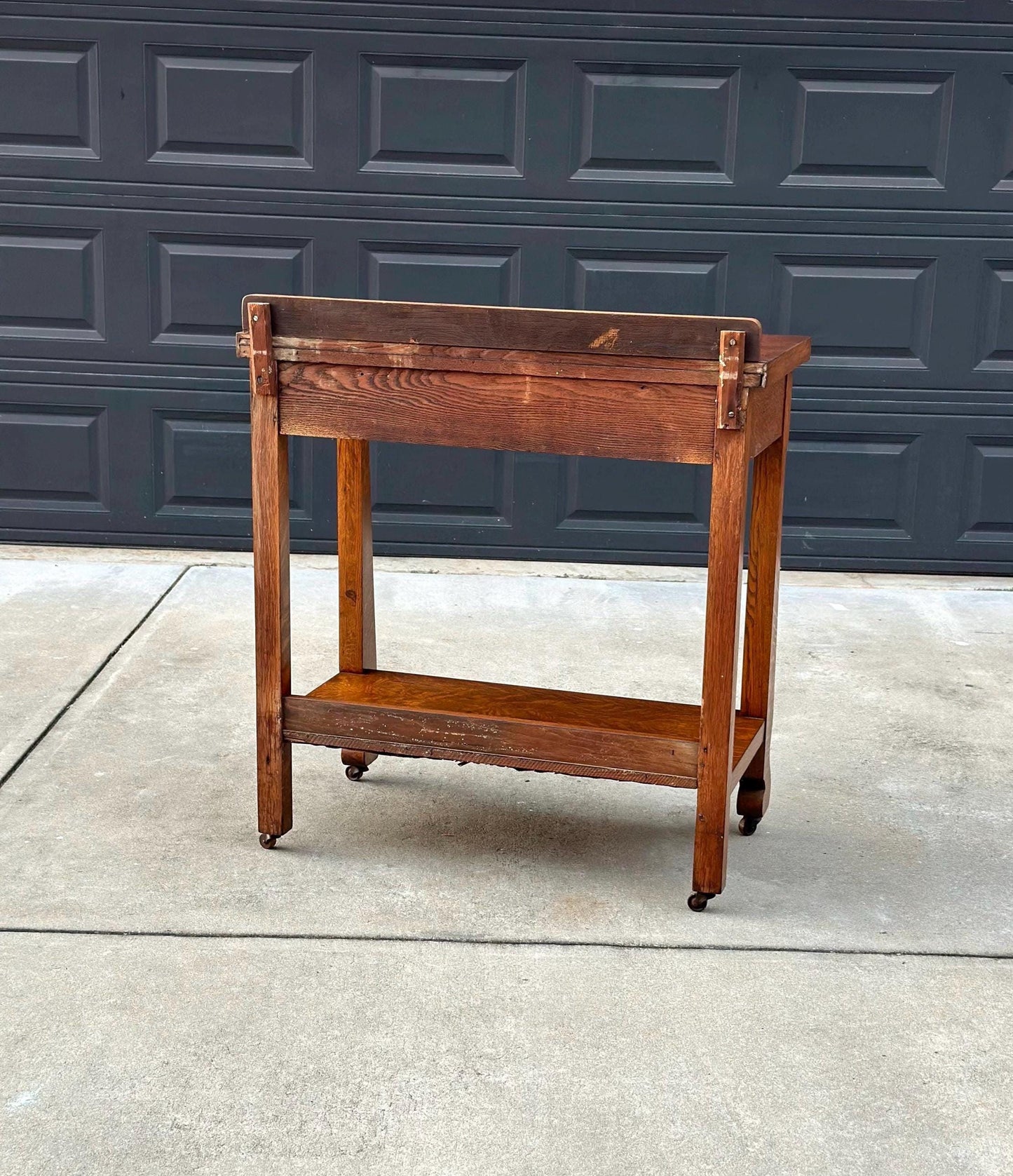 Antique Early 1900's Tiger Oak Wood Server Accent Table on Casters