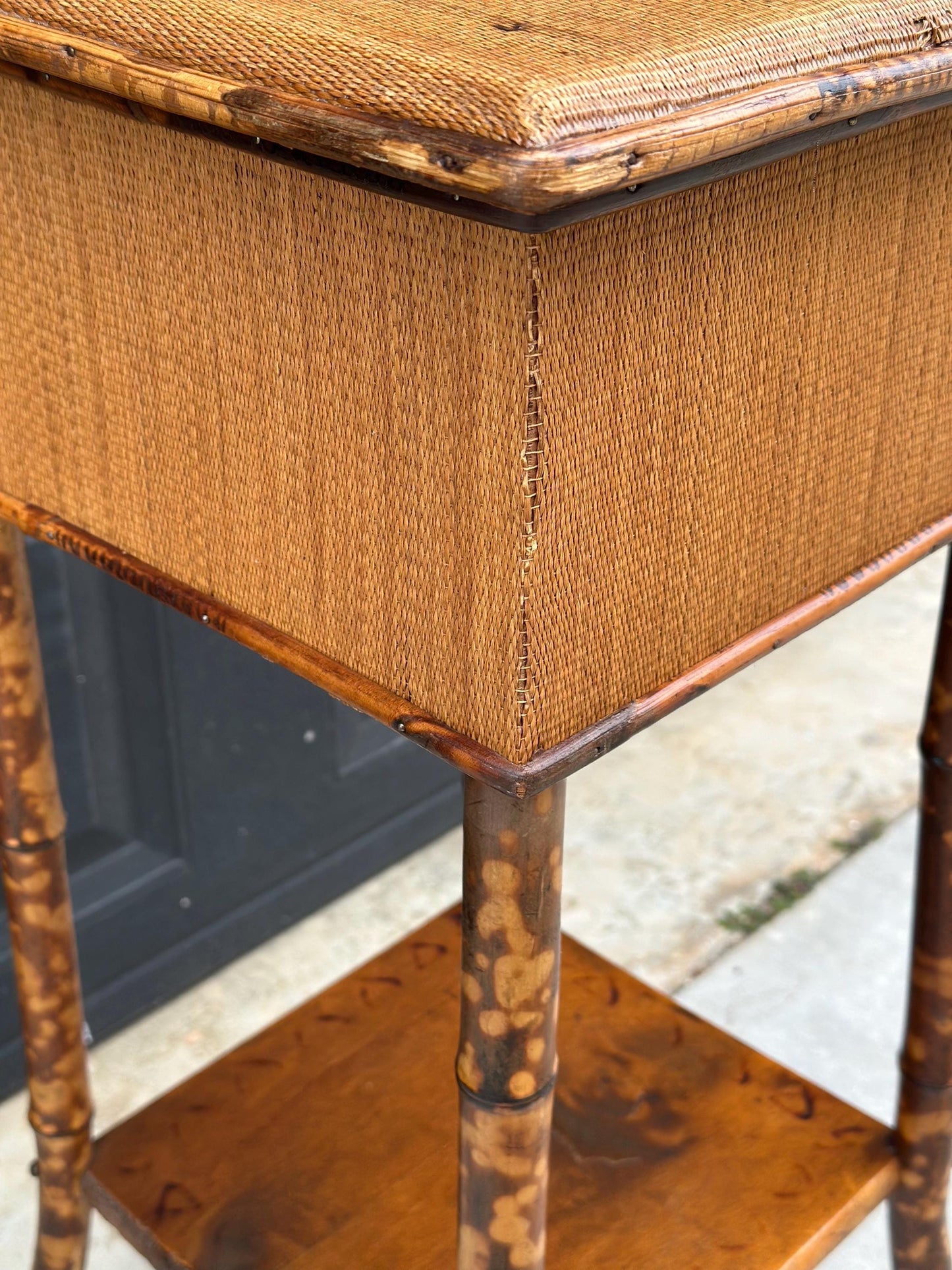 Antique Late 1800's Burnt Bamboo Woven Reed & Maple Wood Lift Top Table