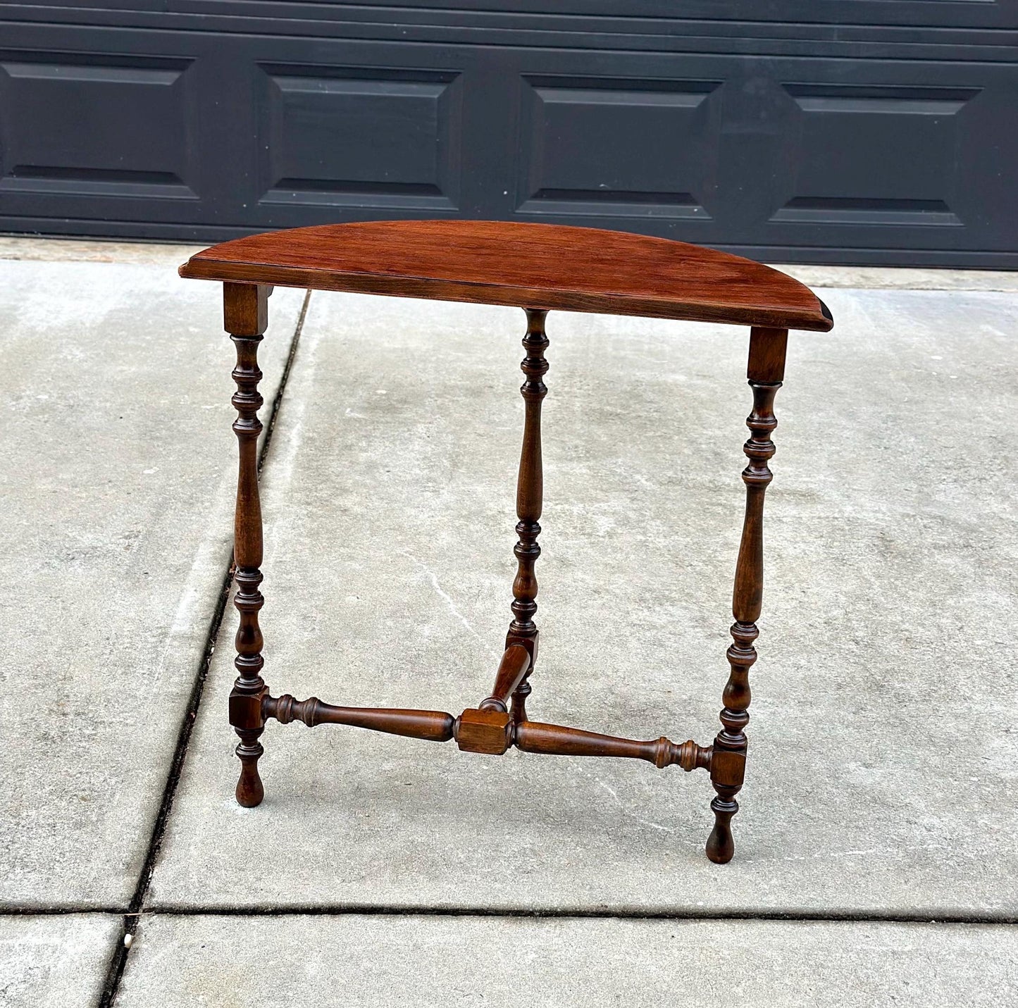 Antique Late 1800's Semicircular Wooden Spindle Leg Small Walnut Side Table