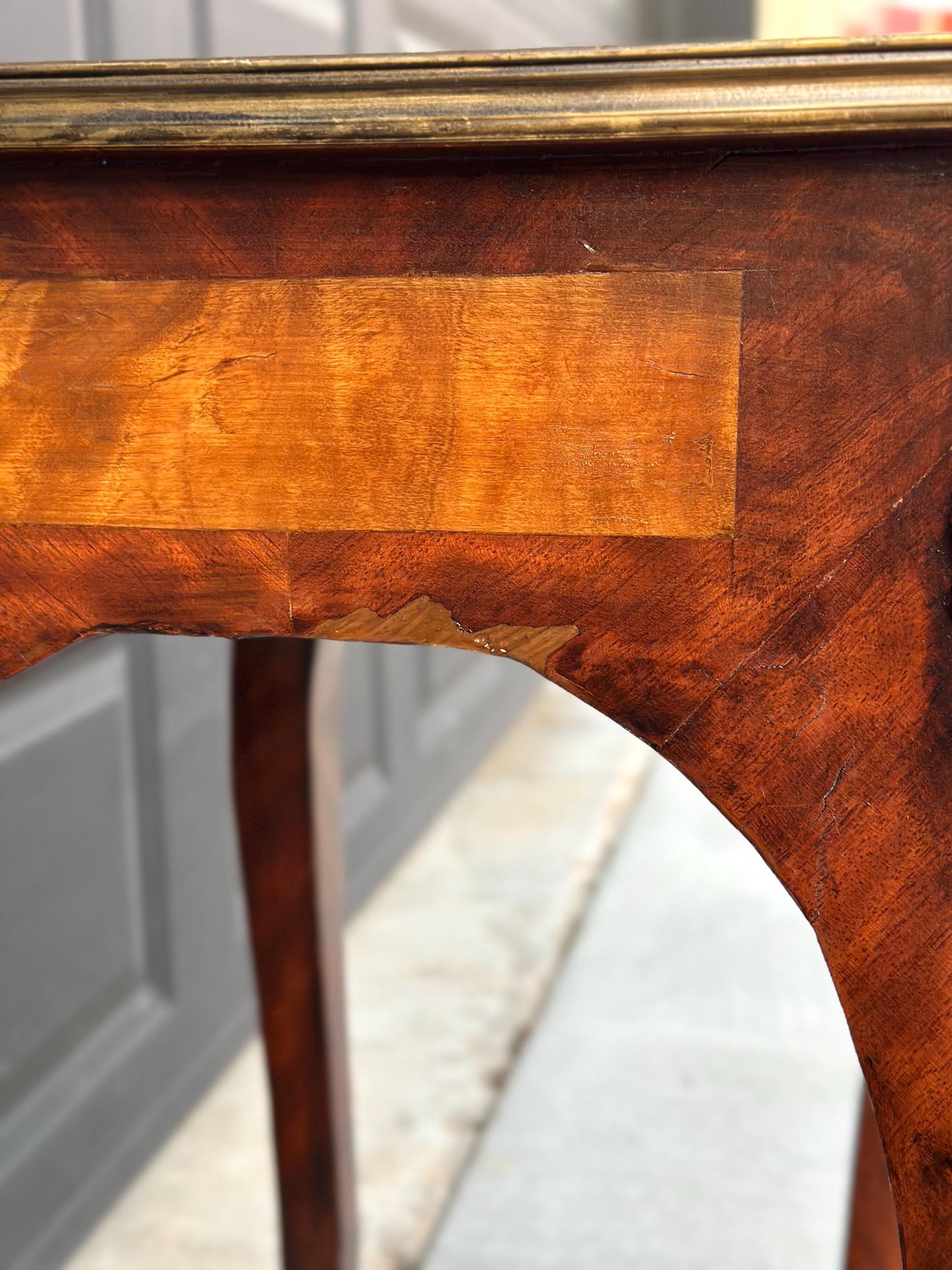 Antique Early 1900's French Inlaid Wood Burl Maple & Mahogany Single Drawer Brass Accent Table
