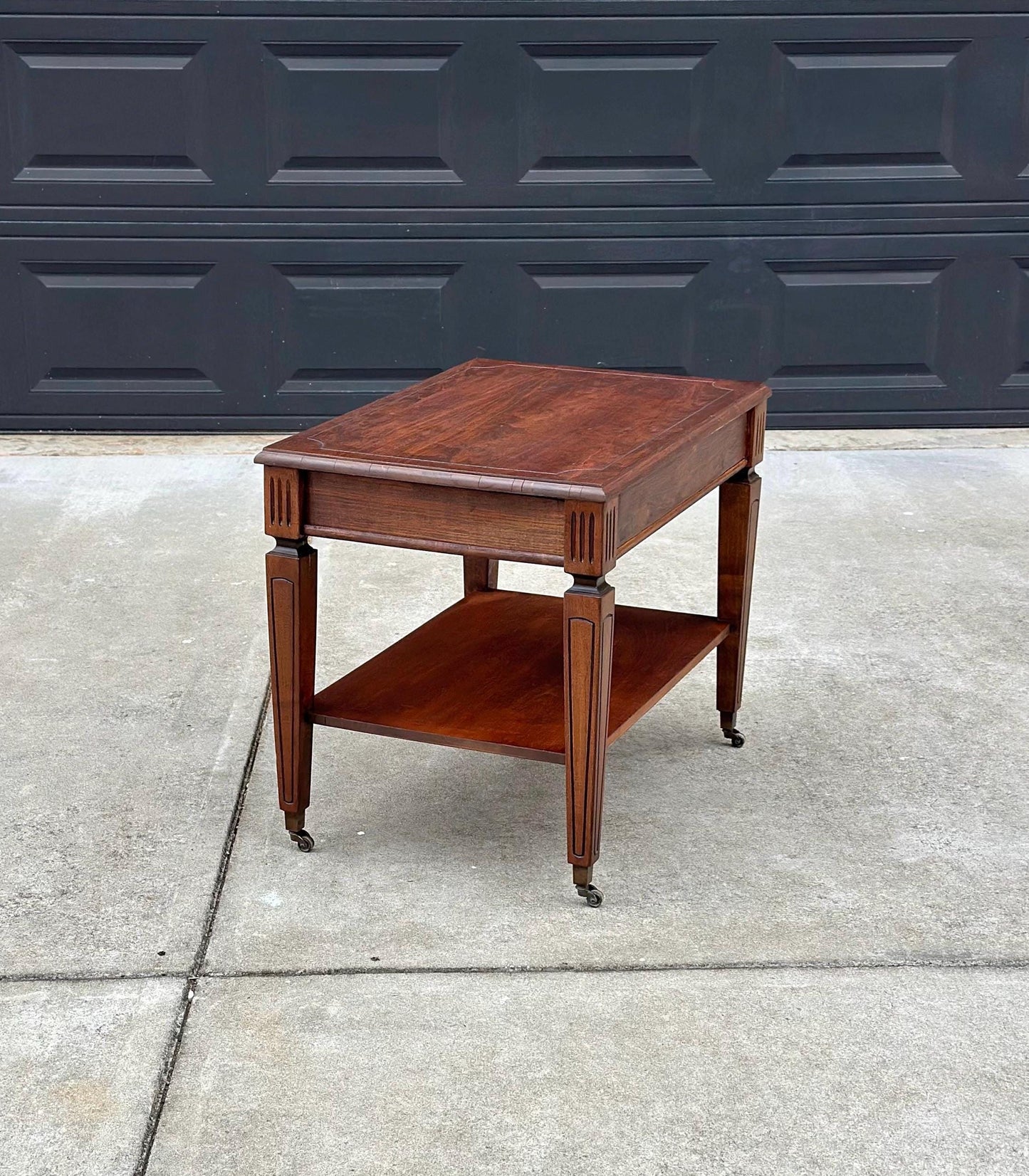 Antique Early 1900's Mahogany Wood Two Tier Open Shelf Fluted Side Table on Casters
