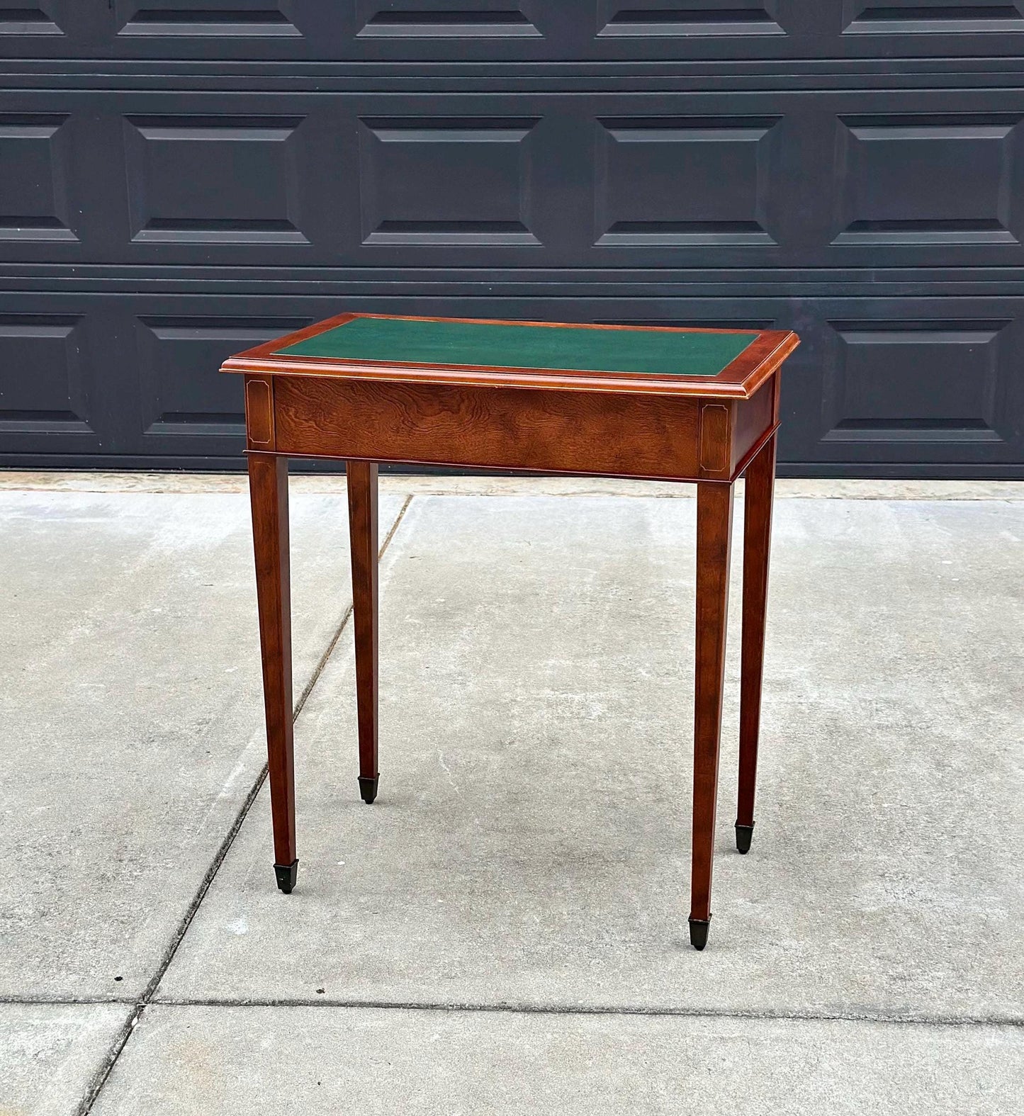 Vintage Late 1900's Green Leather Console Mahogany Wood Accent Table with Drawers
