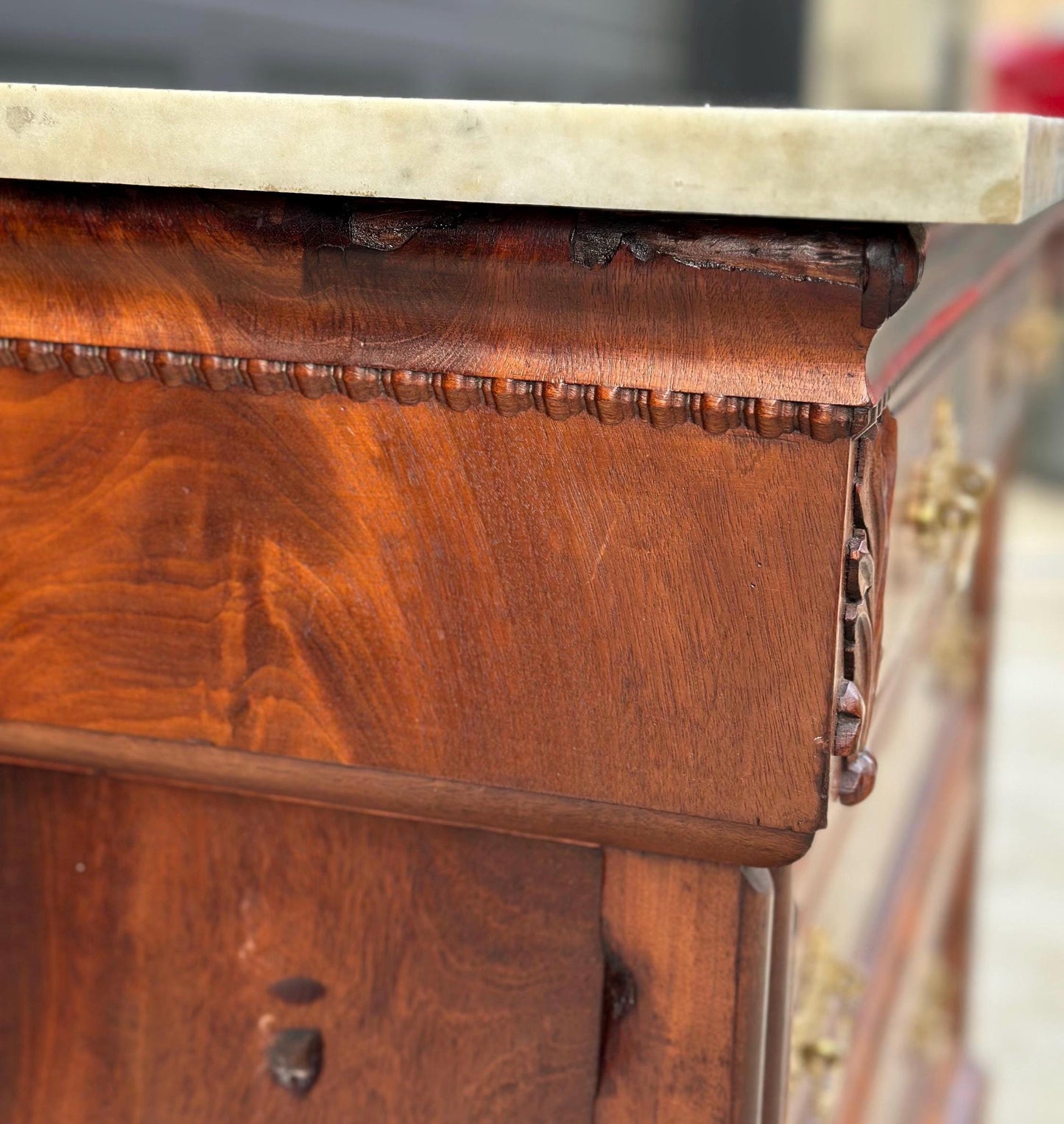 Antique Mid 1800's Crotch Mahogany Wood & White Marble Empire Chest of Drawers on Casters