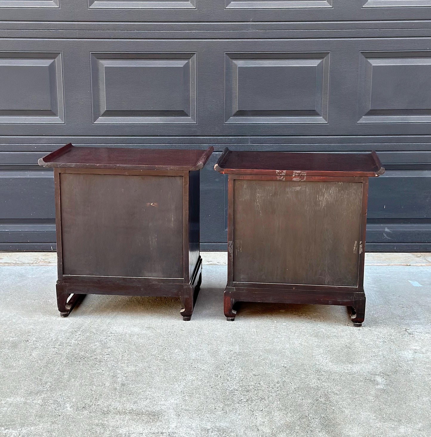 Vintage Mid 1900's Solid Wood & Brass Oriental Chest Side Cabinet Table Set - a Pair