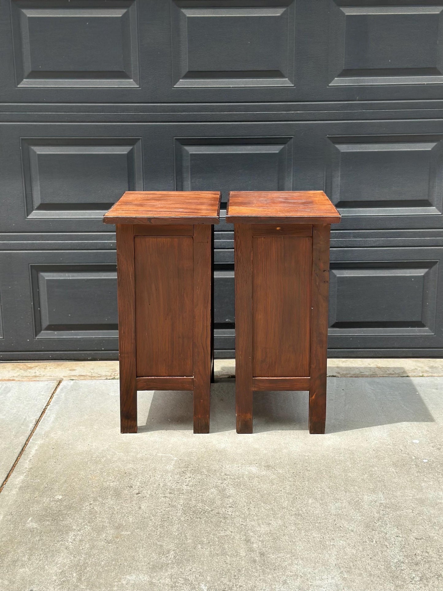 Vintage Early 20th Century Craftsman Walnut Wood Extending Side Tables with Skeleton Key & Drawer Storage - a Pair