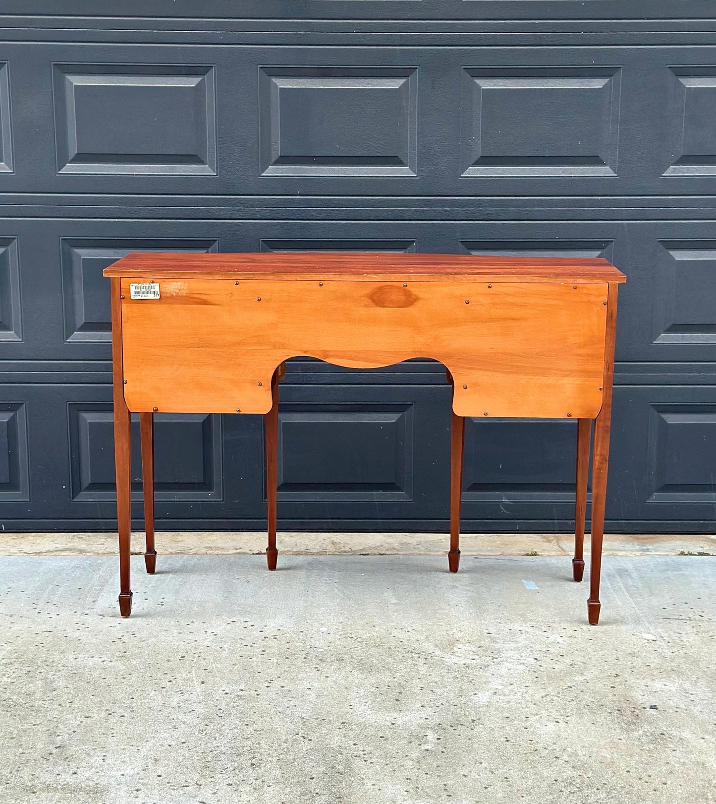 Vintage Late 20th C Solid Wood Two Tone Six Leg Narrow Sheraton Console Table with Cabinet & Drawer Storage