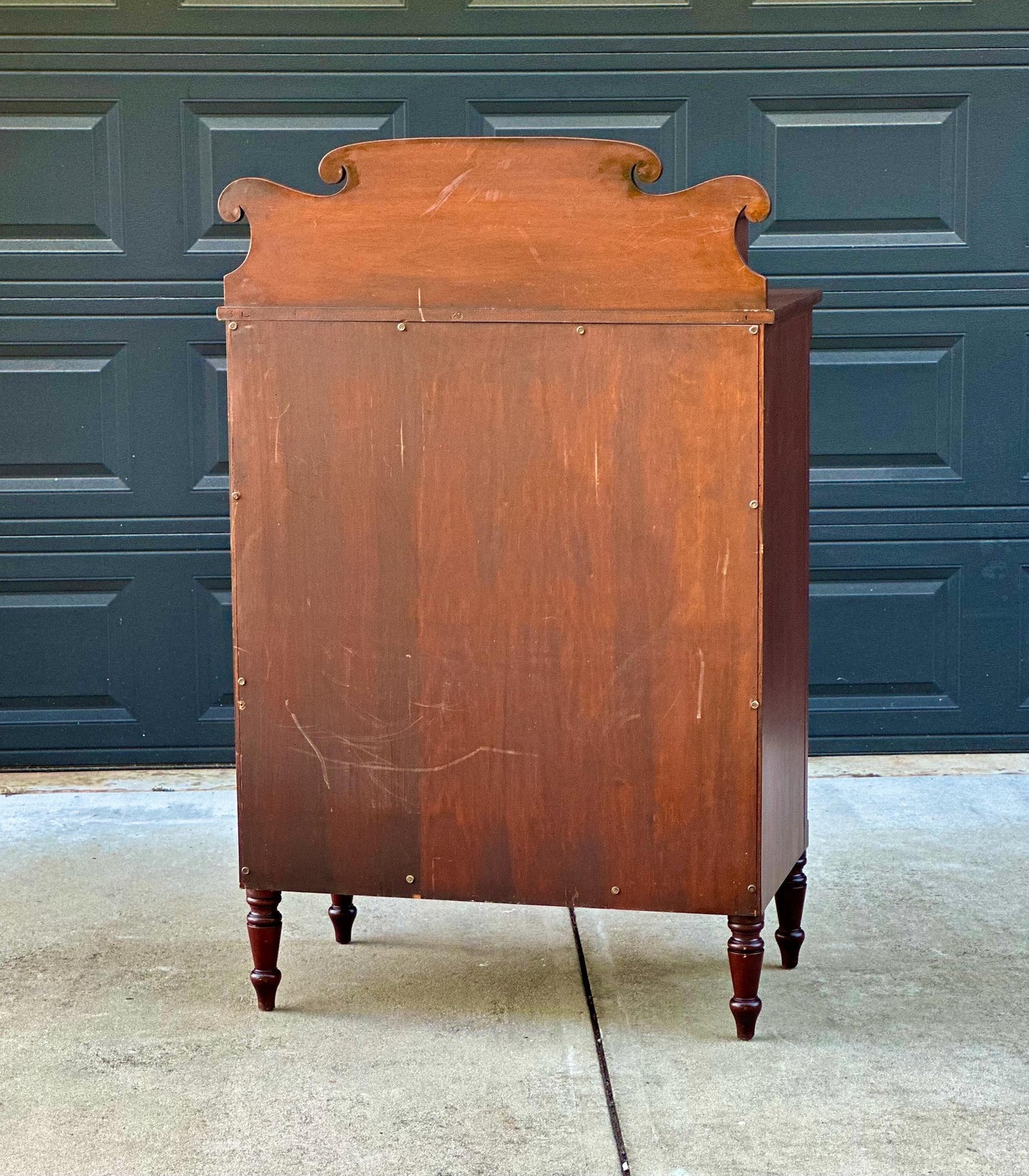 Vintage Early 20th Century Mahogany Six Drawer Solid Wood Scroll Gallery Colonial Tallboy Dresser 36" Wide