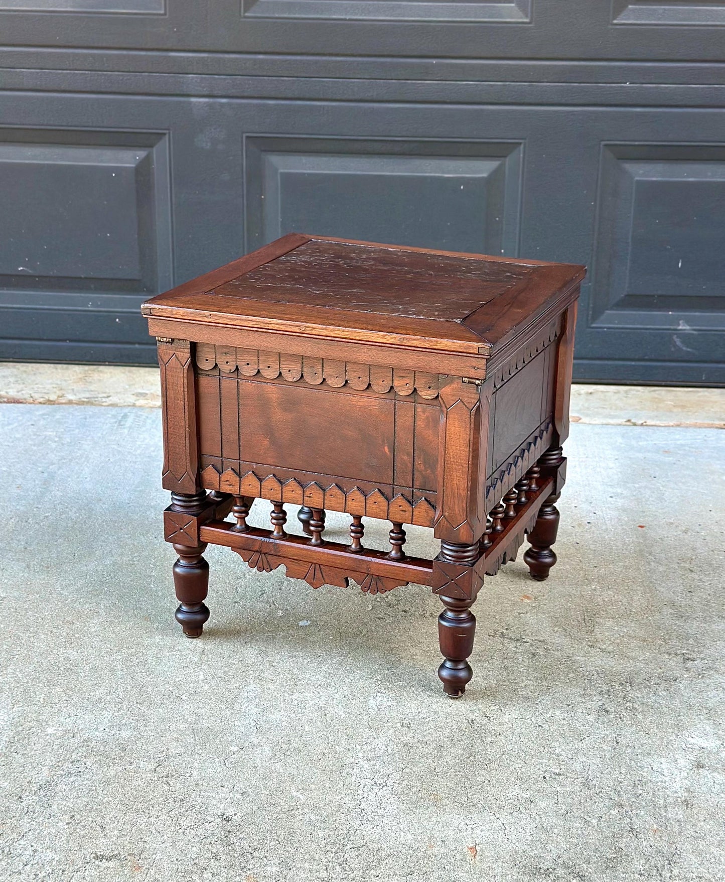 Antique Mid 19th Century Ornate Victorian Turned Leg Lift Top Storage Stool | Small Side Table 16" Wide