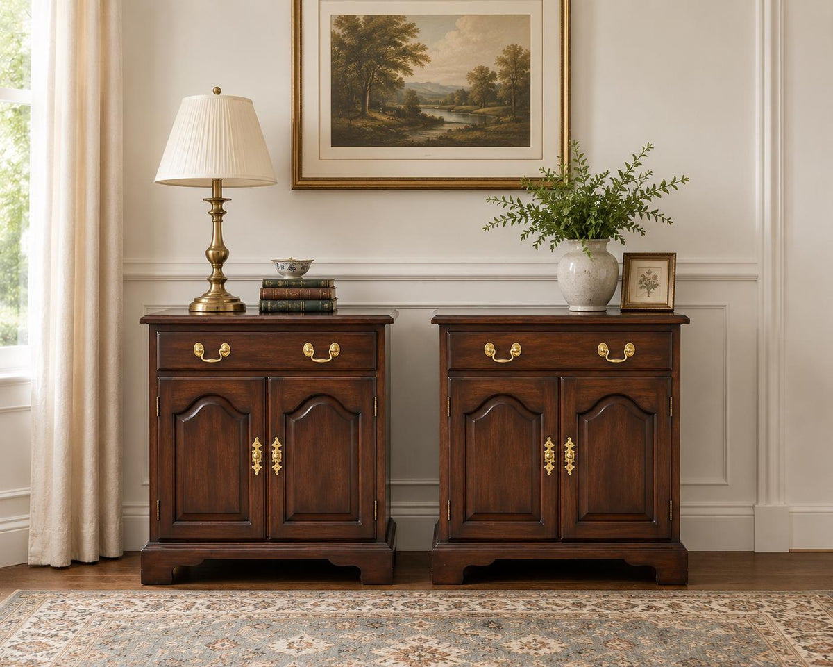 Vintage Late 20th Century Henkel Harris Solid Wood Cabinet Nightstands with Drawer – a Pair