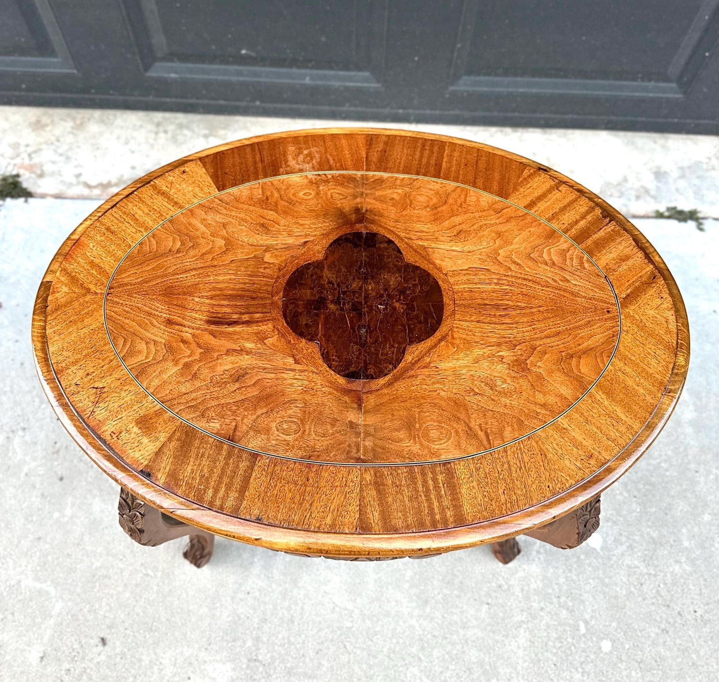 Vintage Oak & Walnut Carved Oval Coffee Table