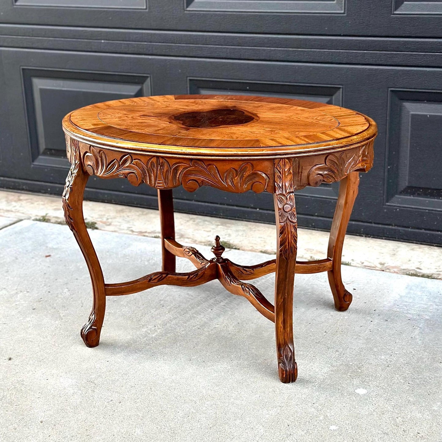 Vintage Oak & Walnut Carved Oval Coffee Table