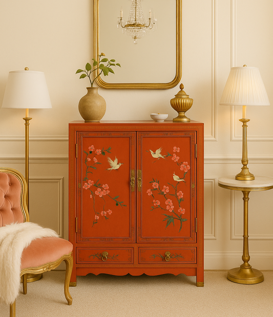 HOLD FOR CLAUDIA* Vintage 1950's Oriental Hand Painted Red Lacquer Cabinet