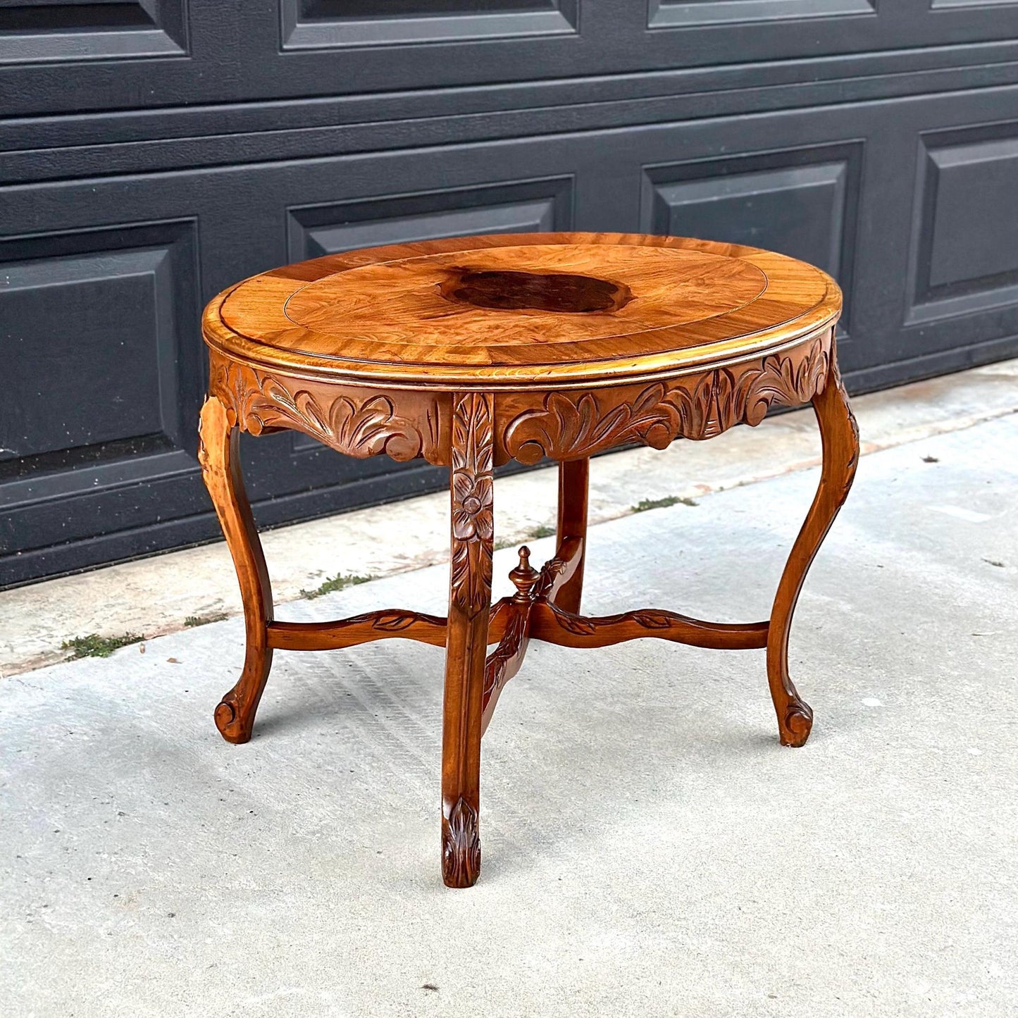 Vintage Oak & Walnut Carved Oval Coffee Table