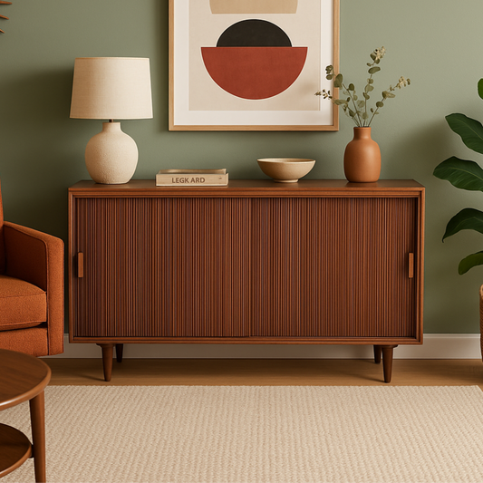 Vintage 1950's Solid Wood Tambour Door Credenza