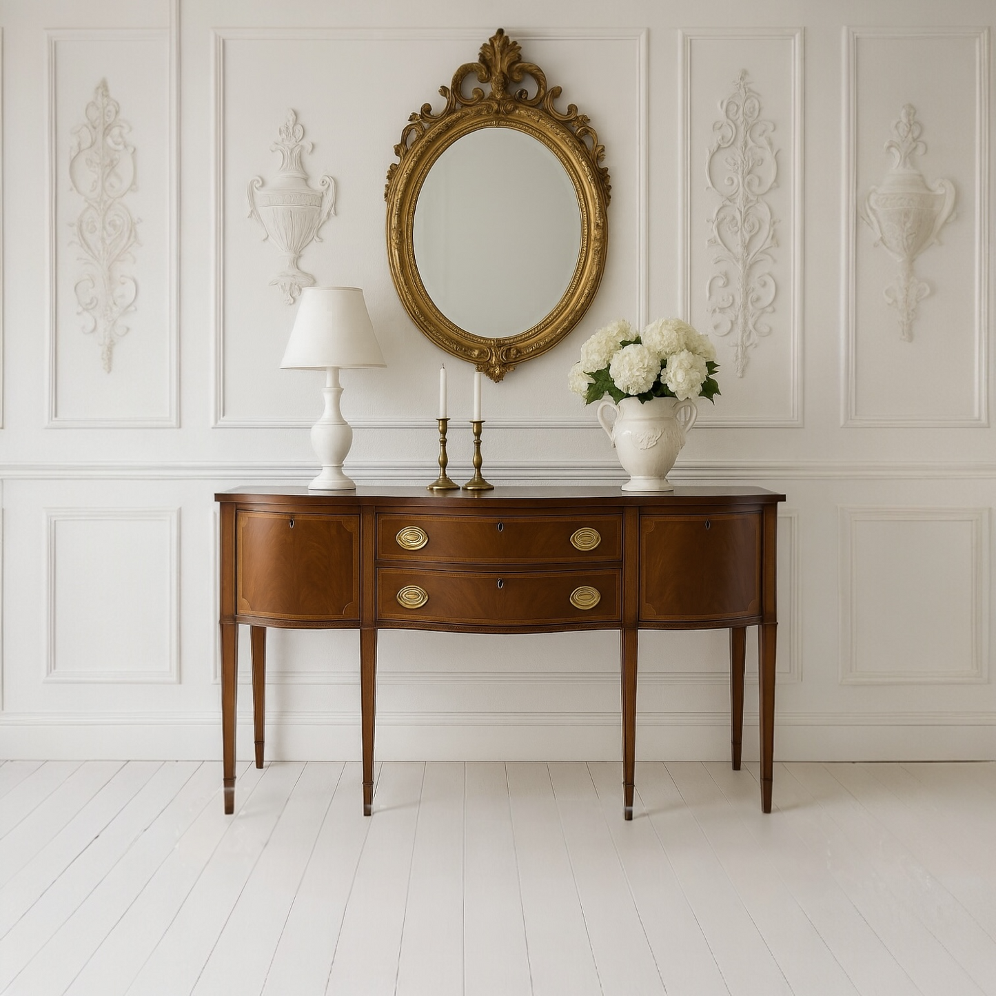 Vintage Mid 1900's Sheraton Serpentine Front Councill Craftsmen Inlaid Mahogany Buffet Console Table