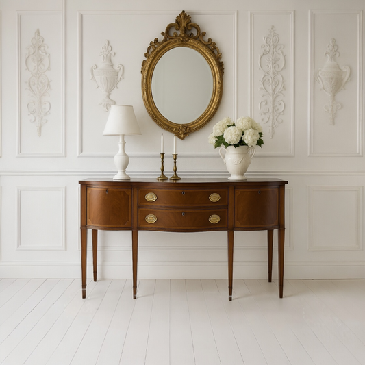 Vintage Mid 1900's Sheraton Serpentine Front Councill Craftsmen Inlaid Mahogany Buffet Console Table
