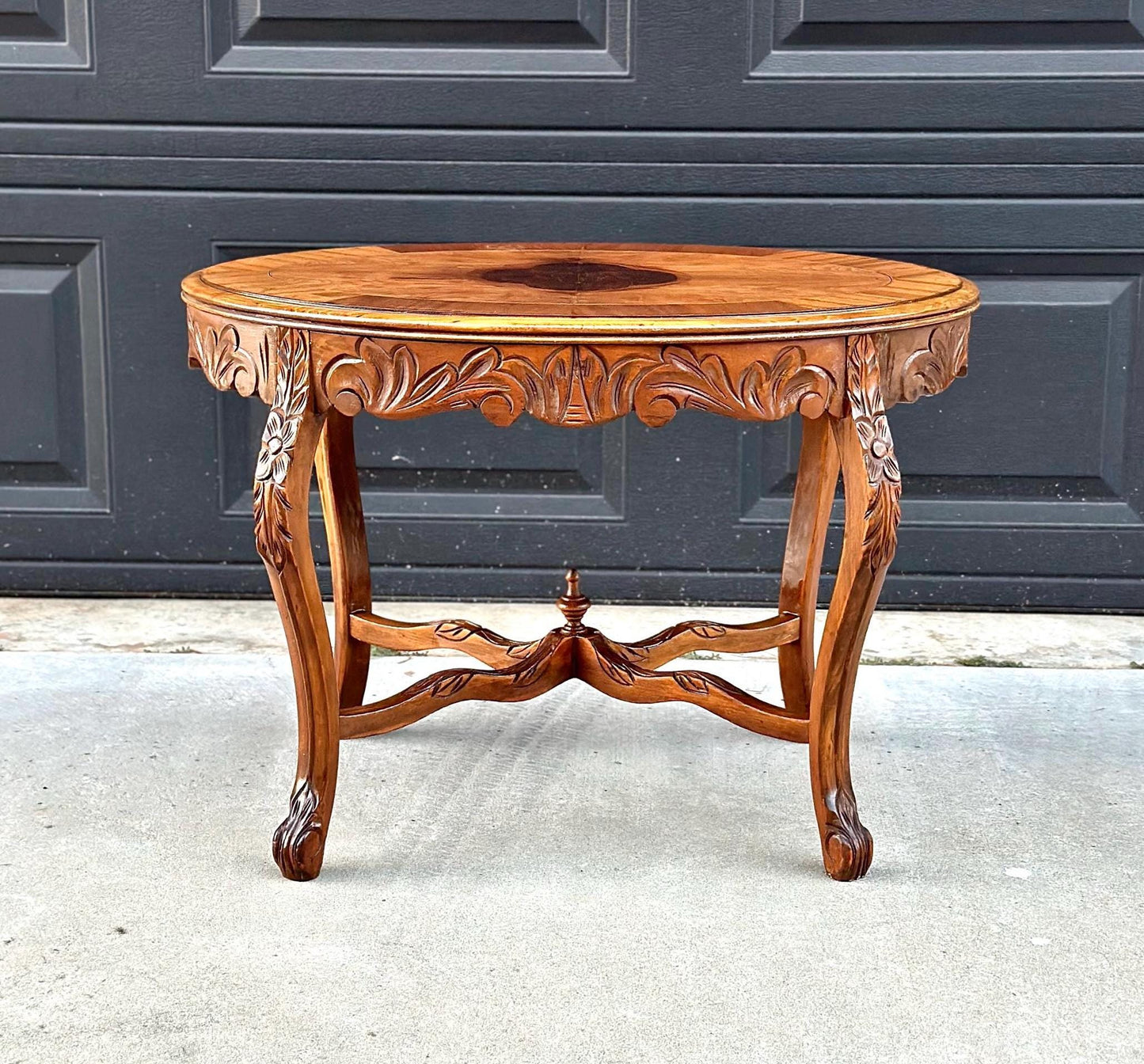 Vintage Oak & Walnut Carved Oval Coffee Table