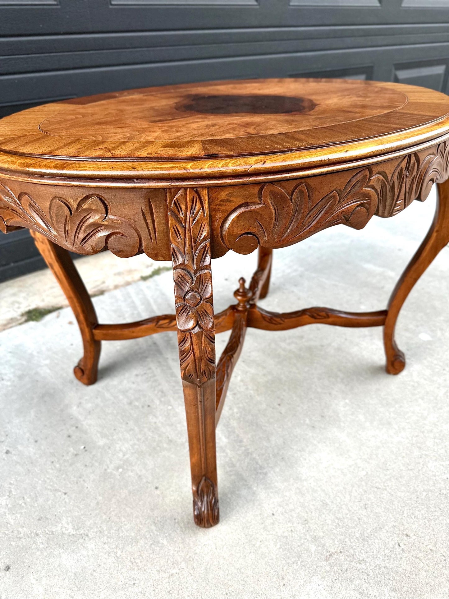 Vintage Oak & Walnut Carved Oval Coffee Table