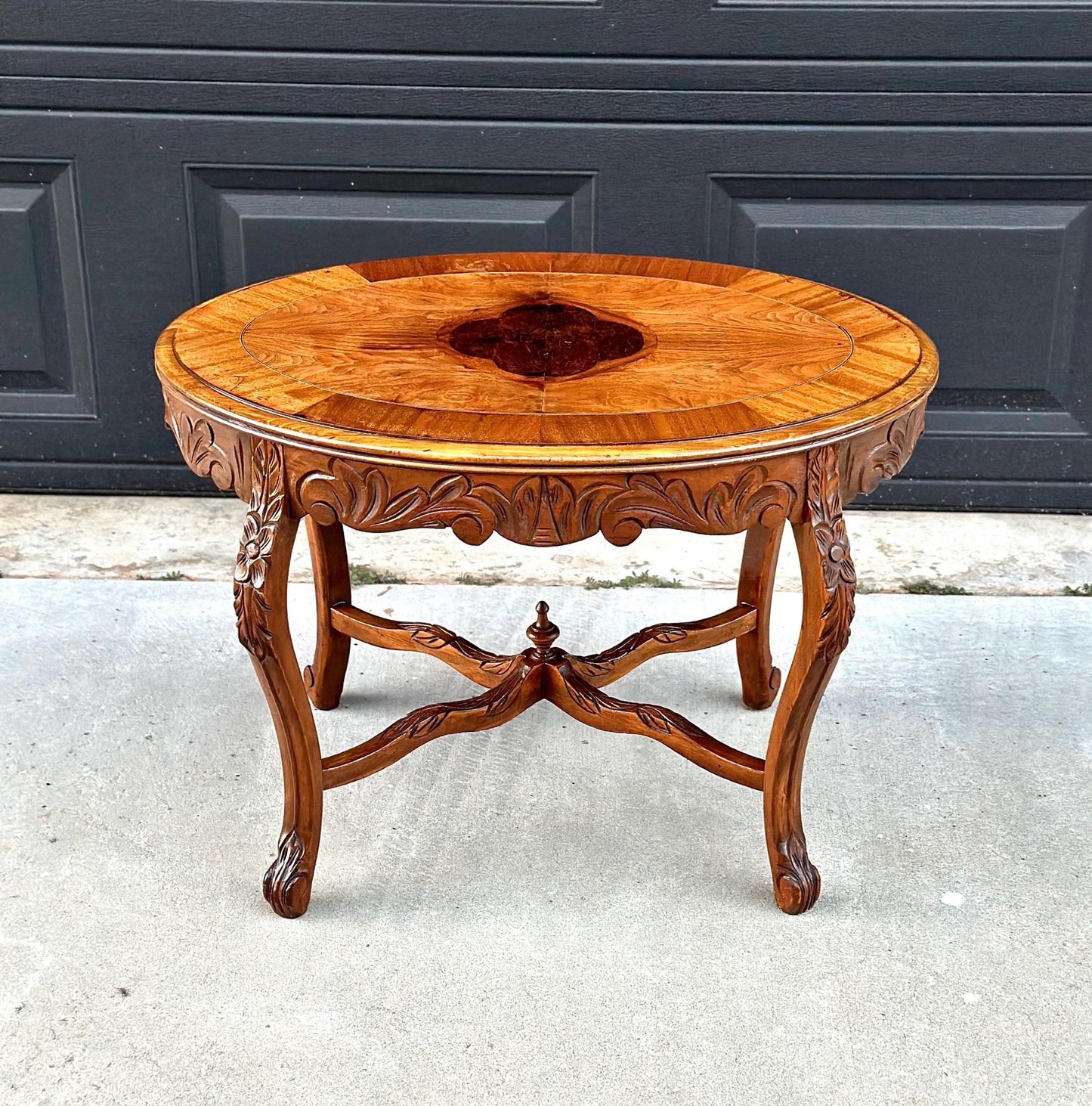 Vintage Oak & Walnut Carved Oval Coffee Table