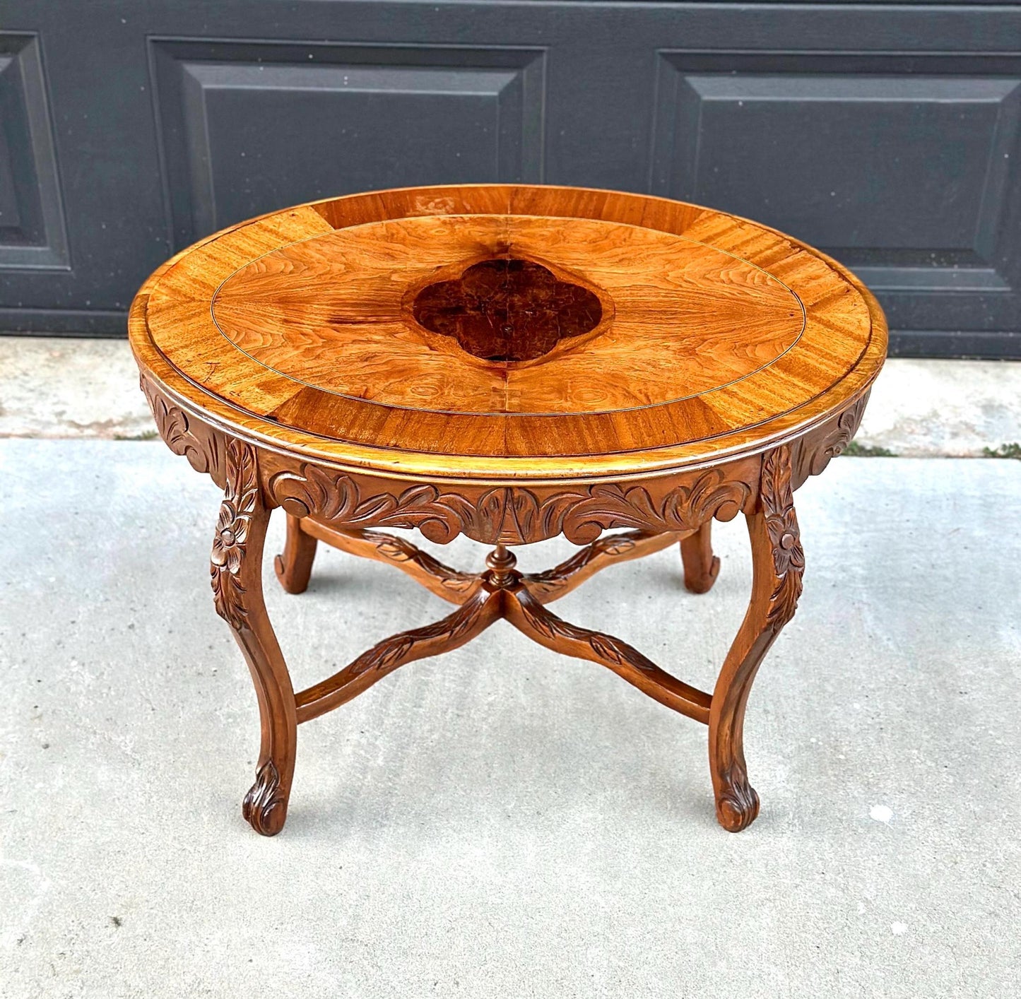 Vintage Oak & Walnut Carved Oval Coffee Table