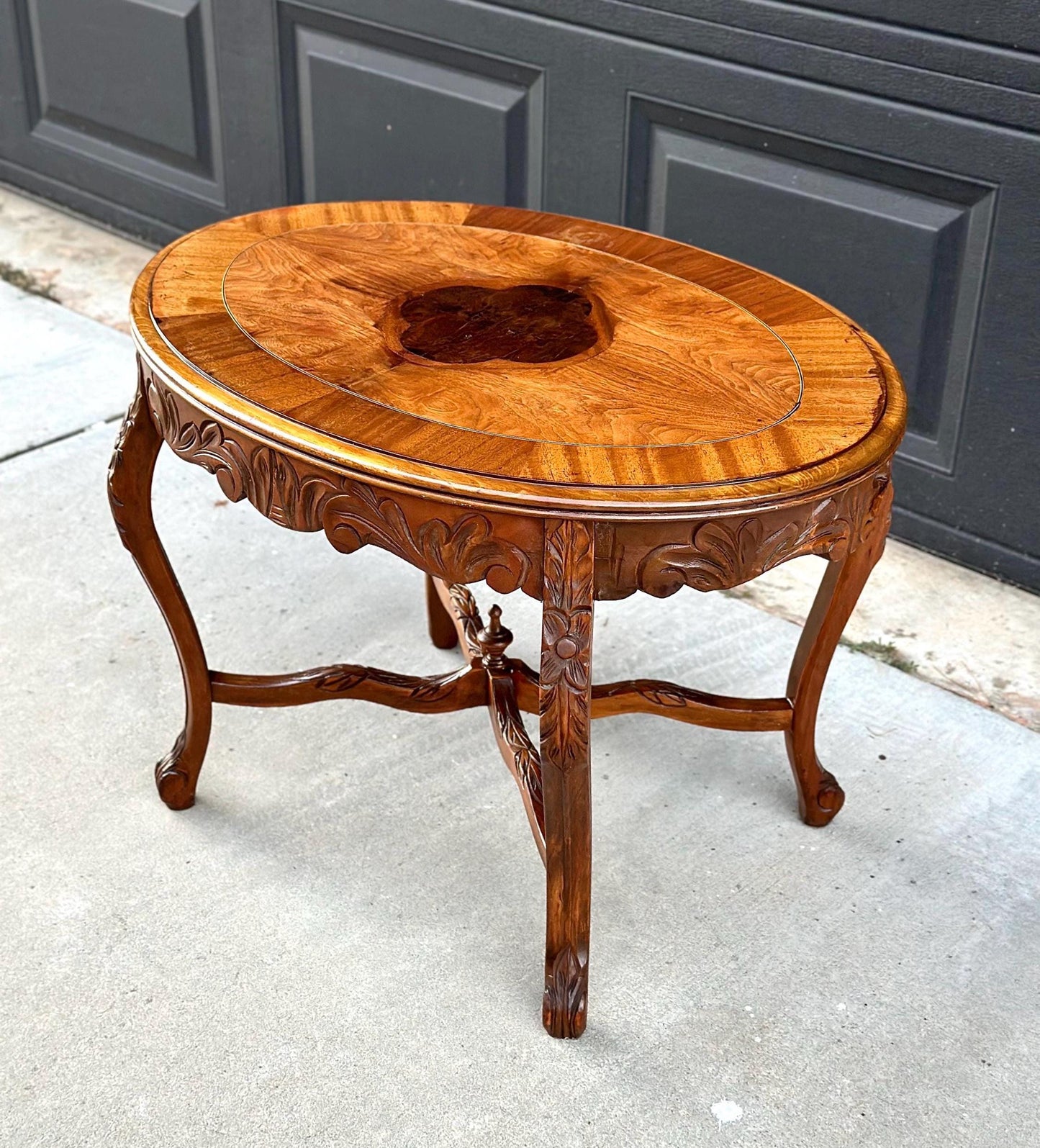 Vintage Oak & Walnut Carved Oval Coffee Table