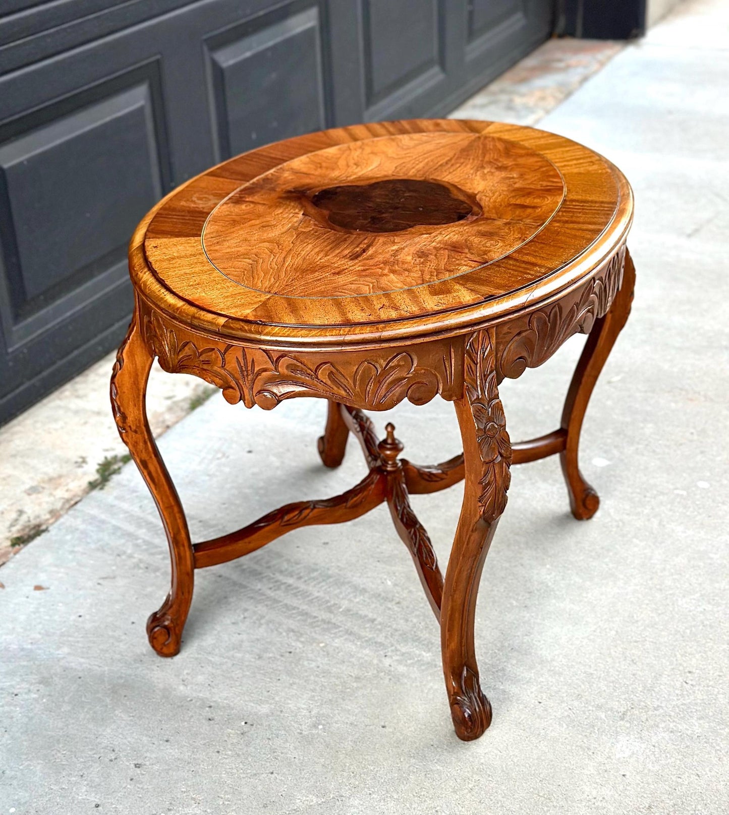 Vintage Oak & Walnut Carved Oval Coffee Table