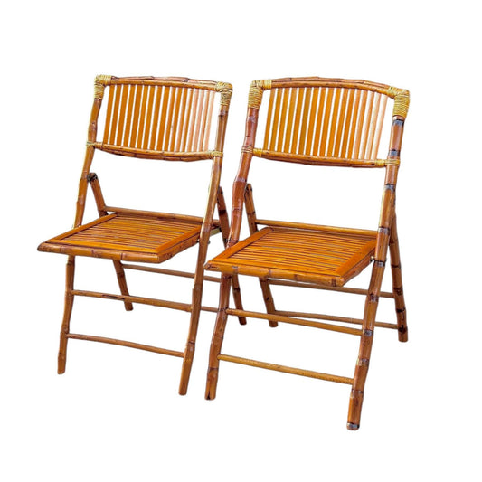 Pair of Vintage Folding Tortoiseshell Bamboo Chairs