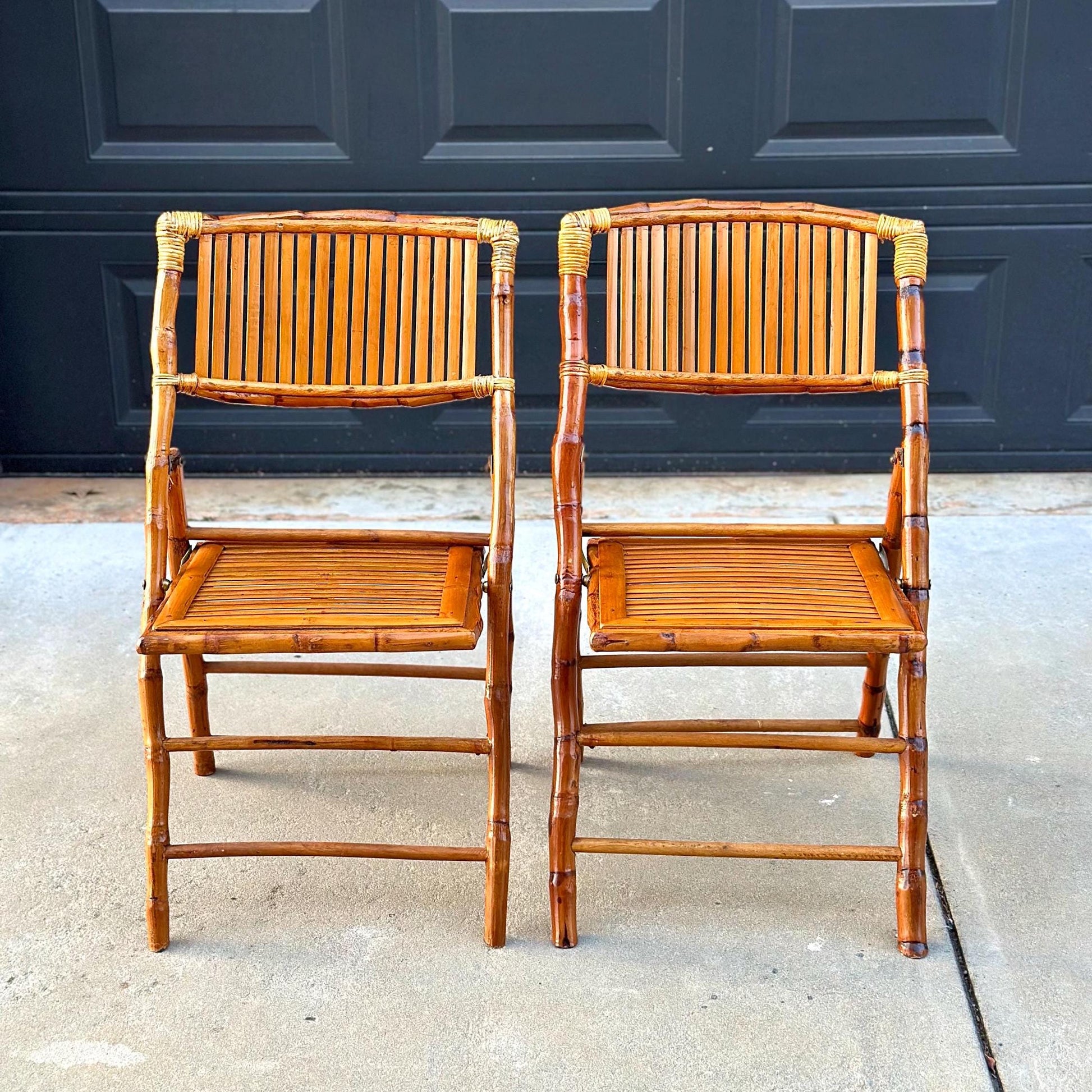 Pair of Vintage Folding Tortoiseshell Bamboo Chairs