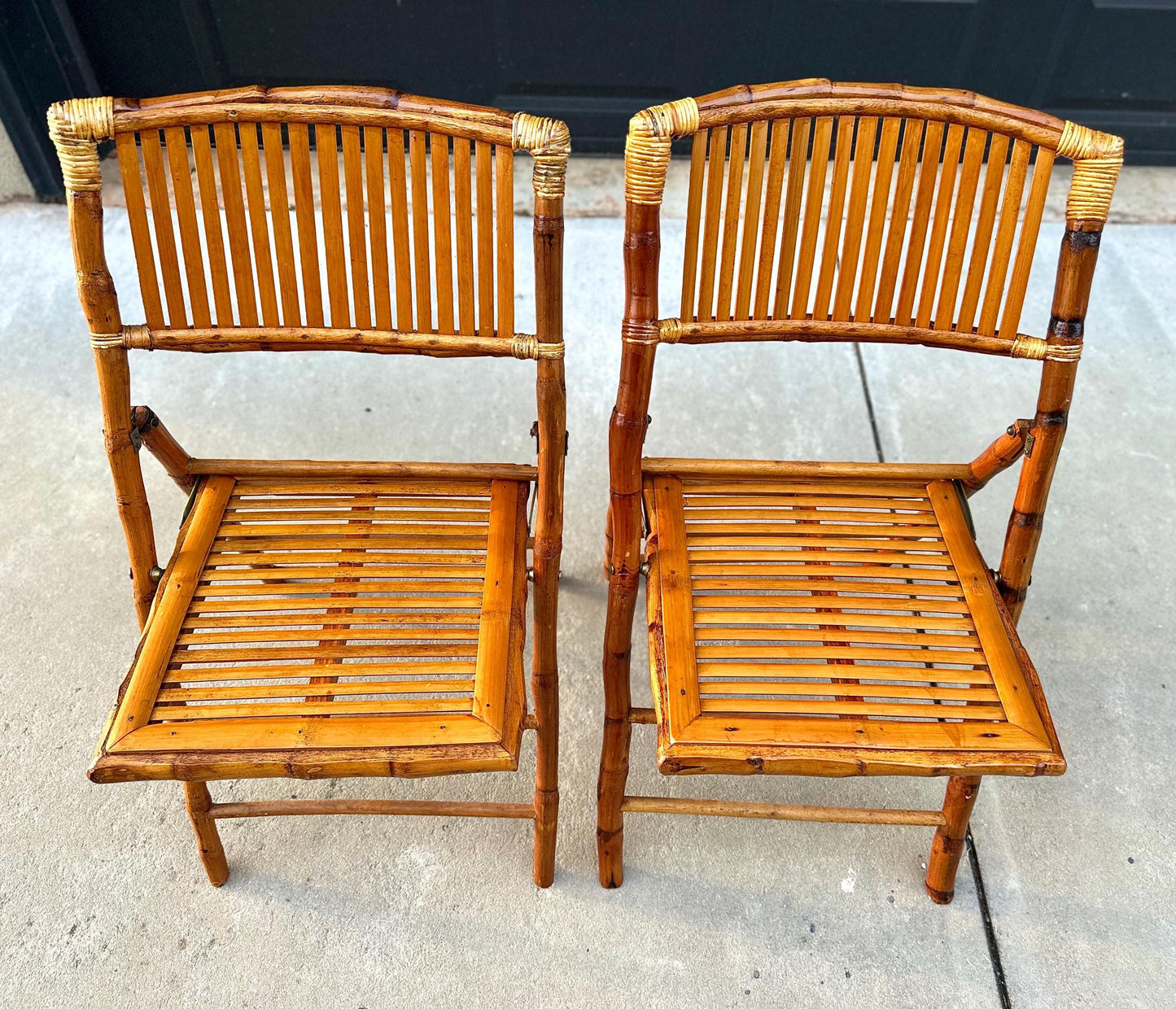 Pair of Vintage Folding Tortoiseshell Bamboo Chairs