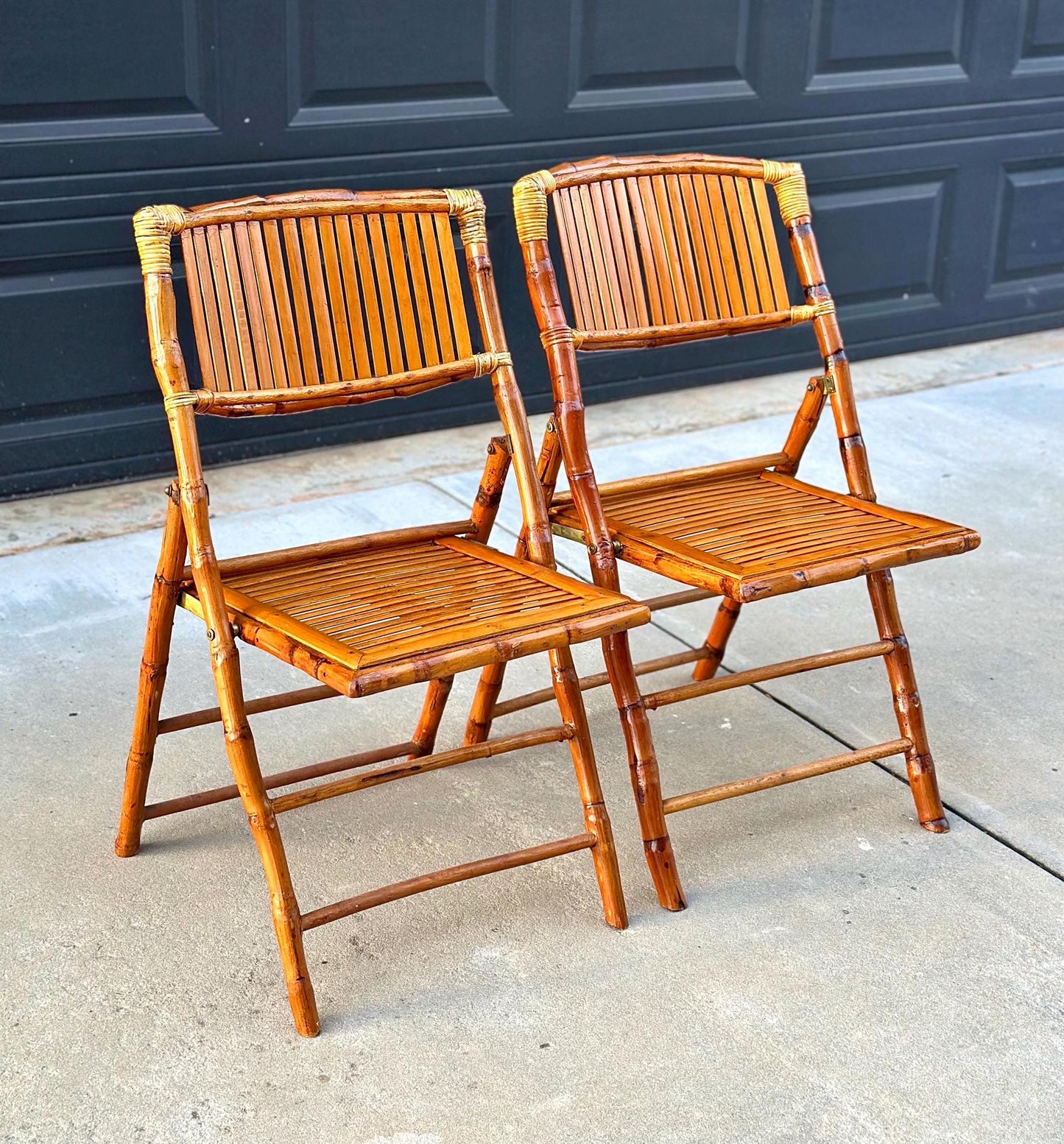 Pair of Vintage Folding Tortoiseshell Bamboo Chairs