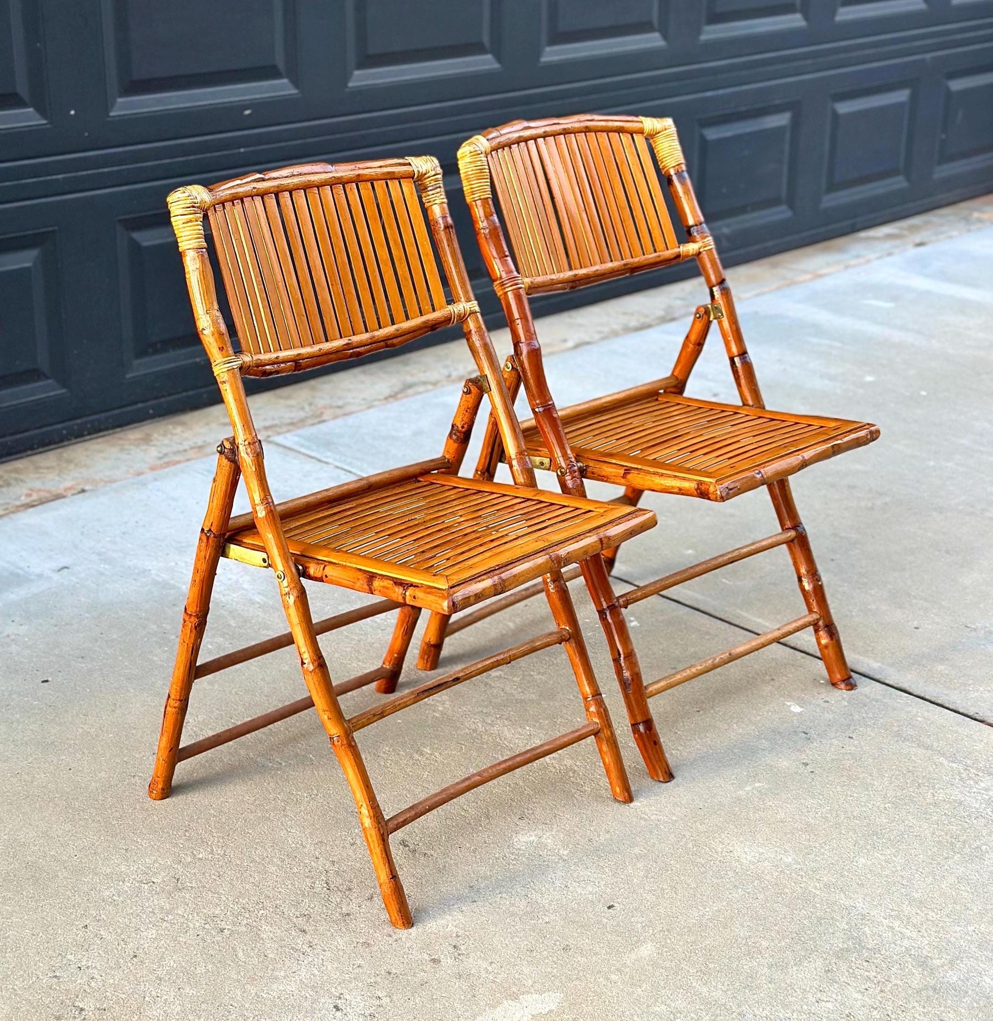 Pair of Vintage Folding Tortoiseshell Bamboo Chairs