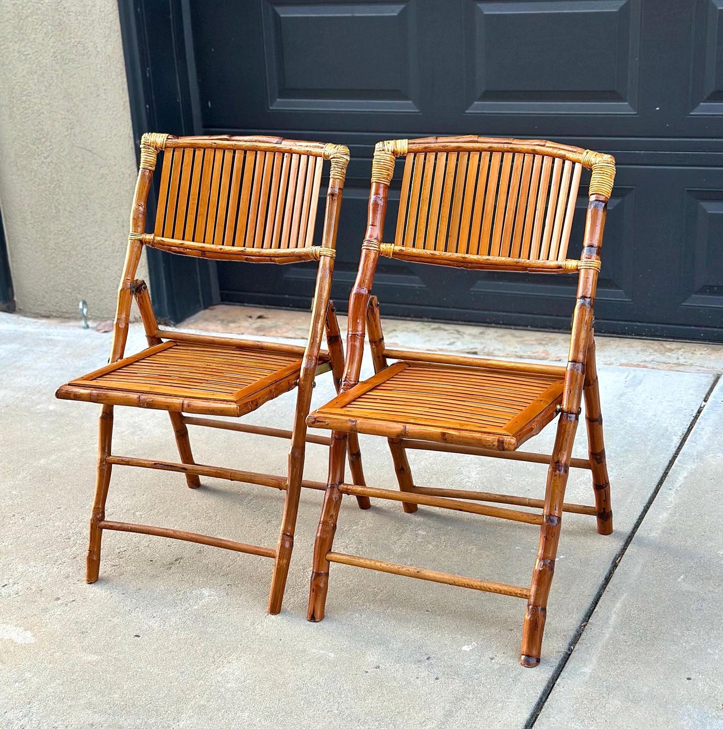 Pair of Vintage Folding Tortoiseshell Bamboo Chairs