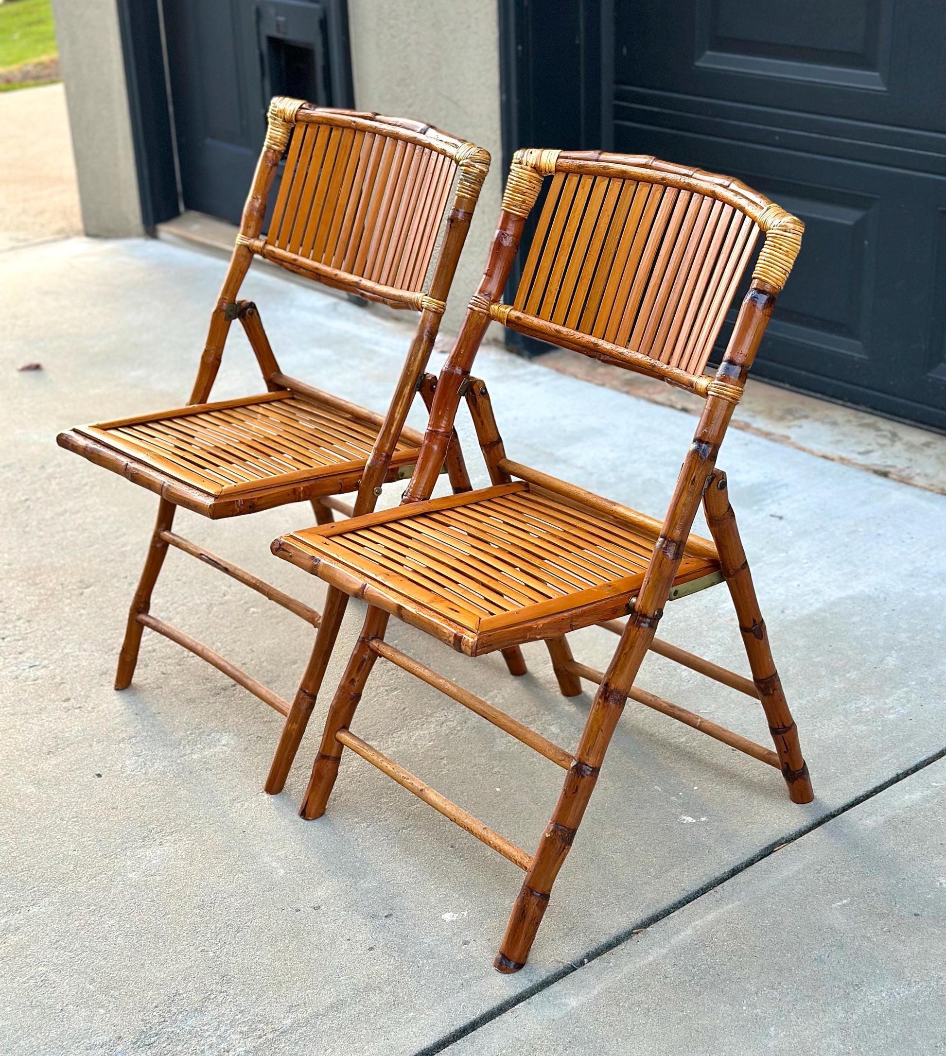 Pair of Vintage Folding Tortoiseshell Bamboo Chairs