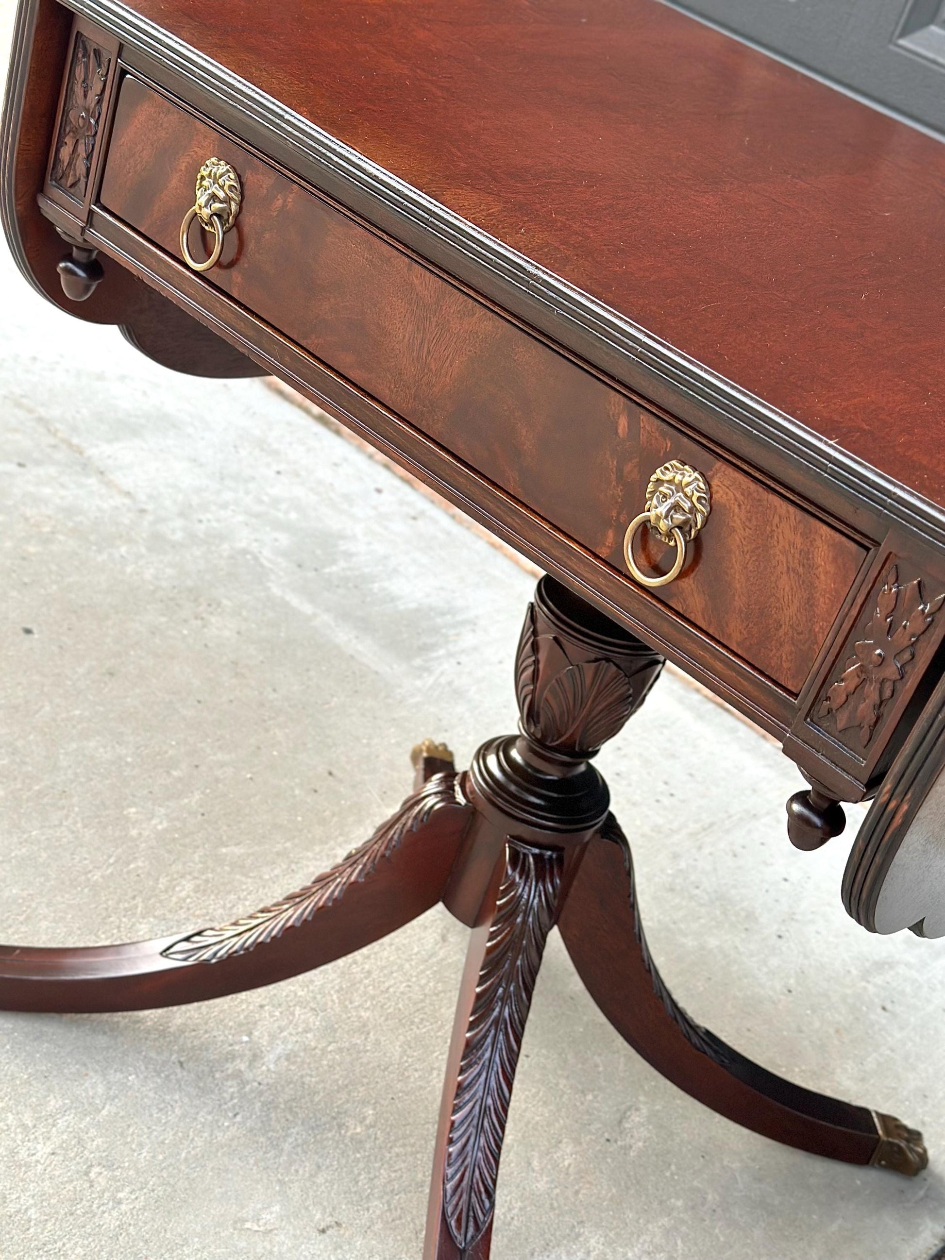 Pair of Vintage Mahogany Drop Leaf Lion Head Nightstands