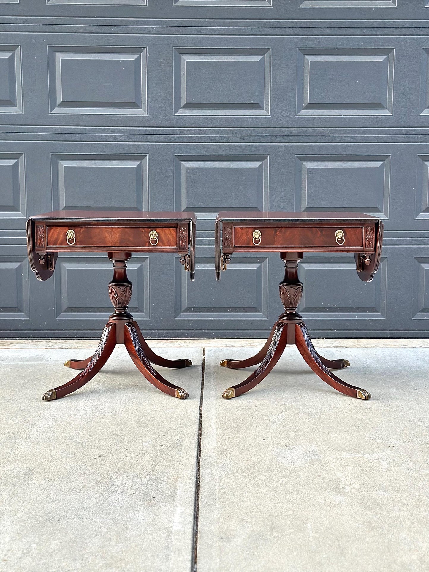 Pair of Vintage Mahogany Drop Leaf Lion Head Nightstands