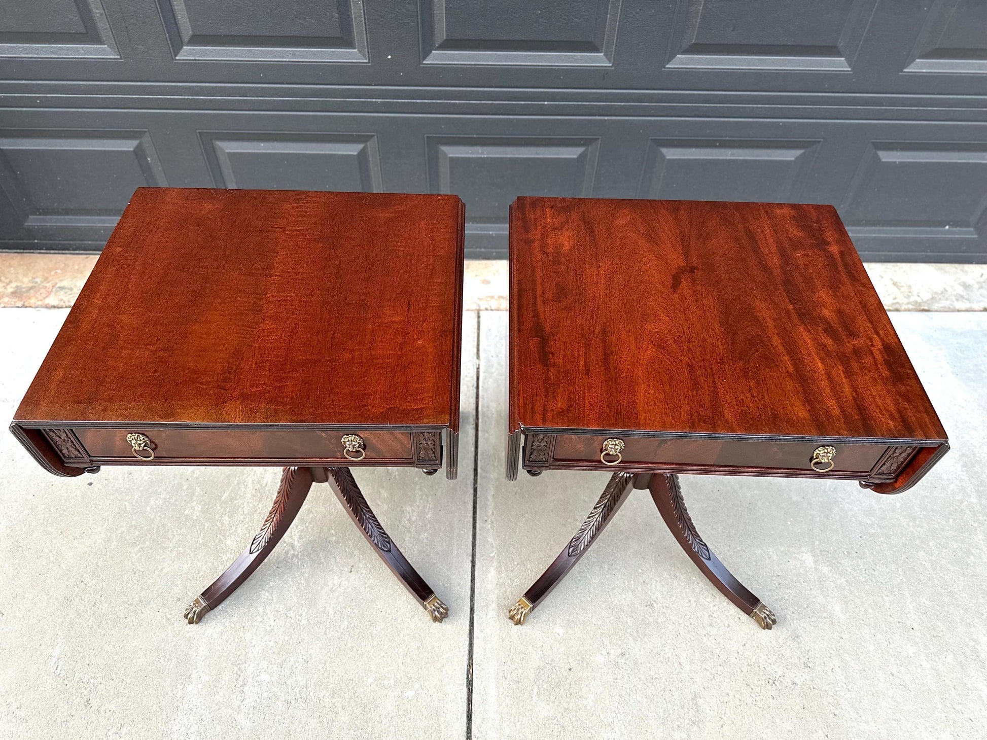 Pair of Vintage Mahogany Drop Leaf Lion Head Nightstands