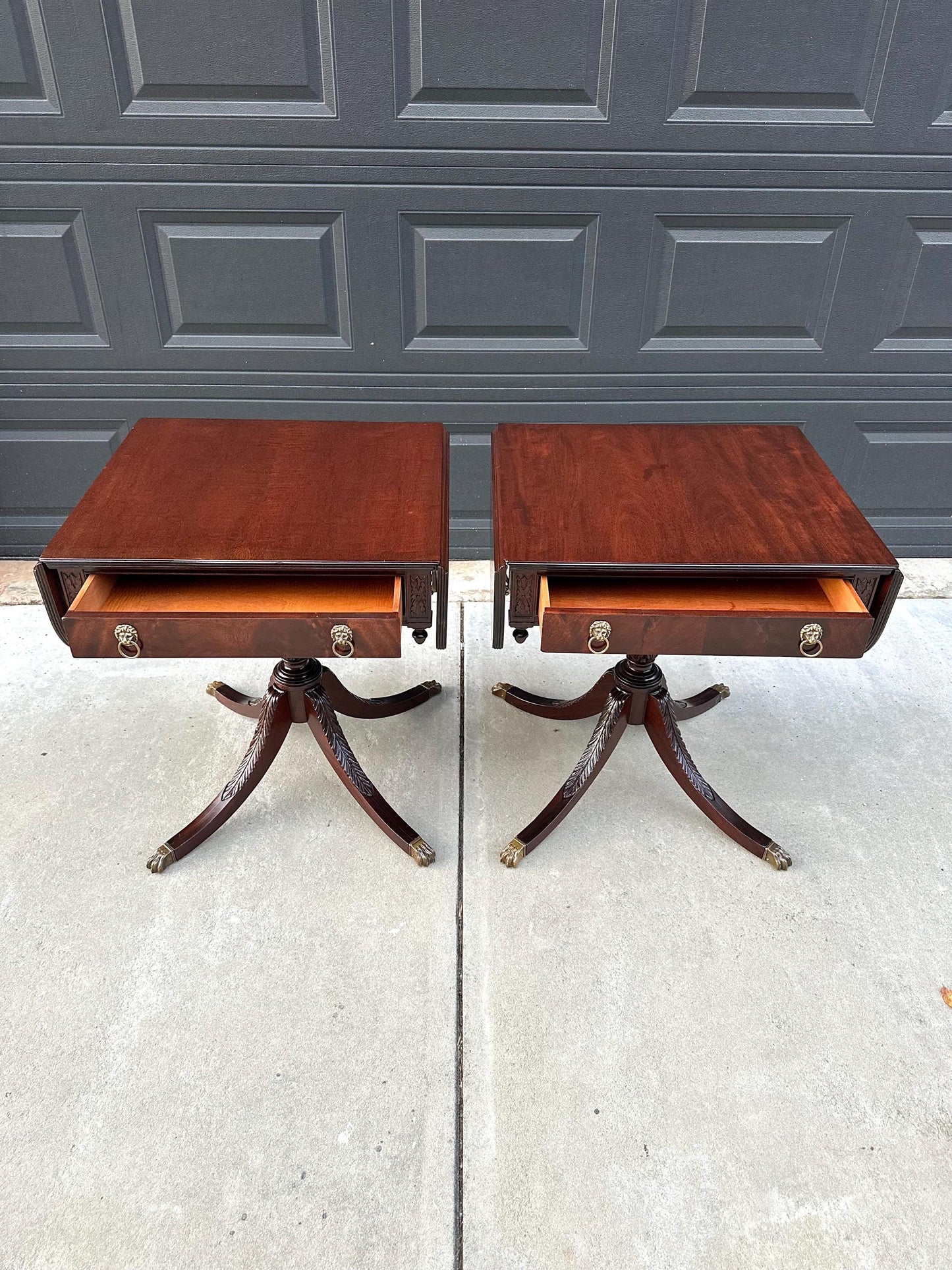 Pair of Vintage Mahogany Drop Leaf Lion Head Nightstands