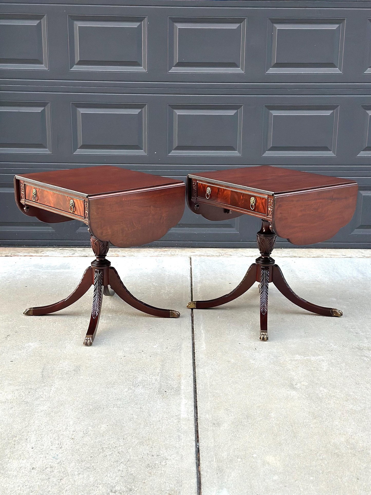 Pair of Vintage Mahogany Drop Leaf Lion Head Nightstands