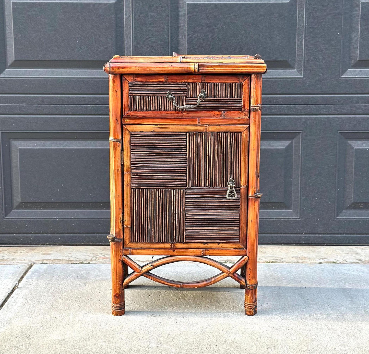 Vintage Burnished Bamboo Single Drawer Table With Cabinet