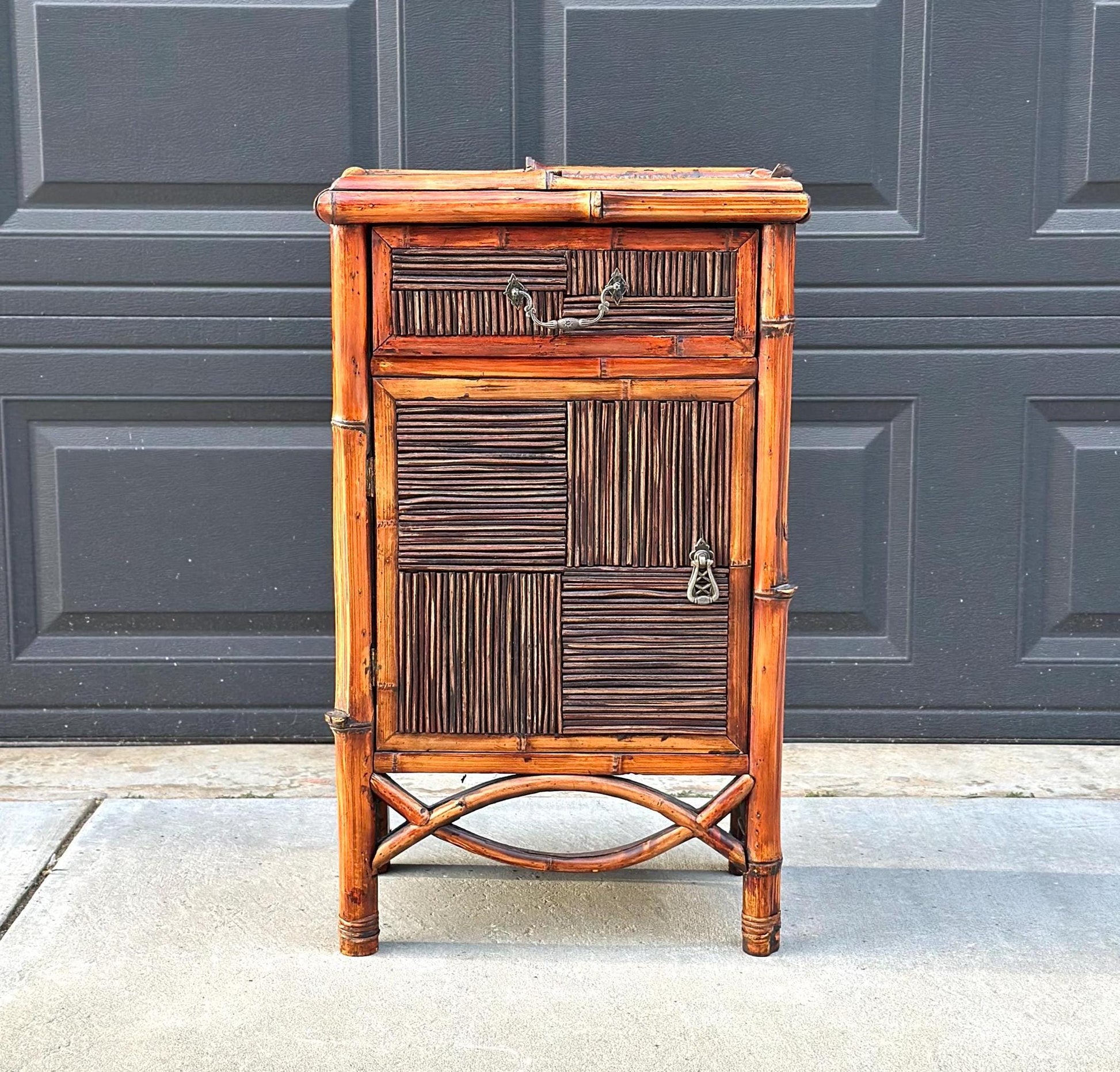 Vintage Burnished Bamboo Single Drawer Table With Cabinet